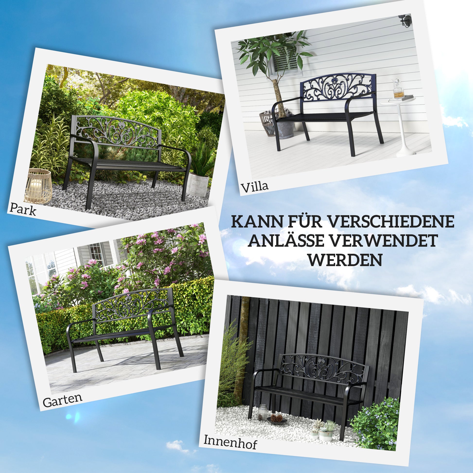 Metal Garden Bench, Park Bench with Backrest, Armrest, Weatherproof Bench, 2 Seater Balcony Bench, Supports up to 250 kg for Balcony, Terrace, Black