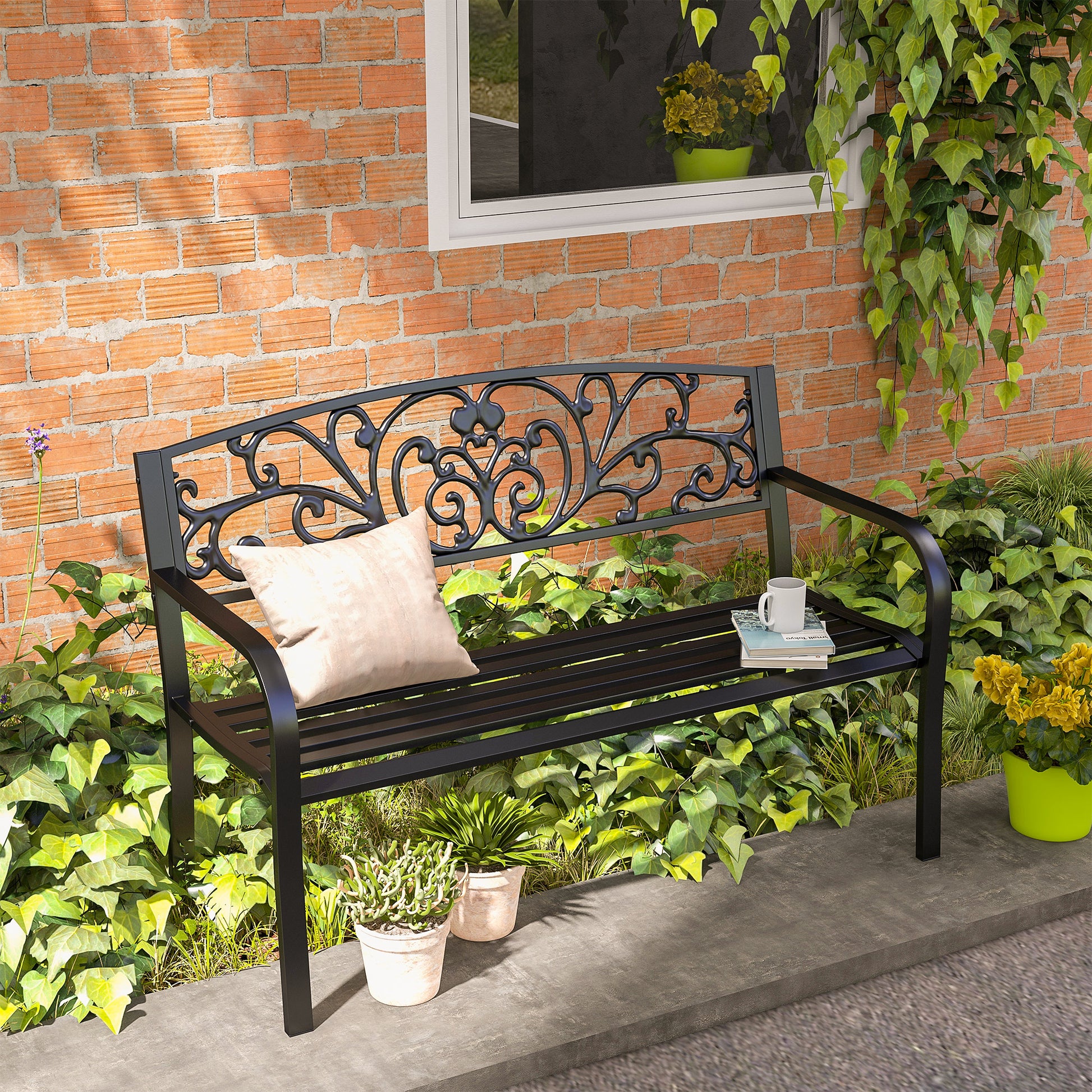Metal Garden Bench, Park Bench with Backrest, Armrest, Weatherproof Bench, 2 Seater Balcony Bench, Supports up to 250 kg for Balcony, Terrace, Black