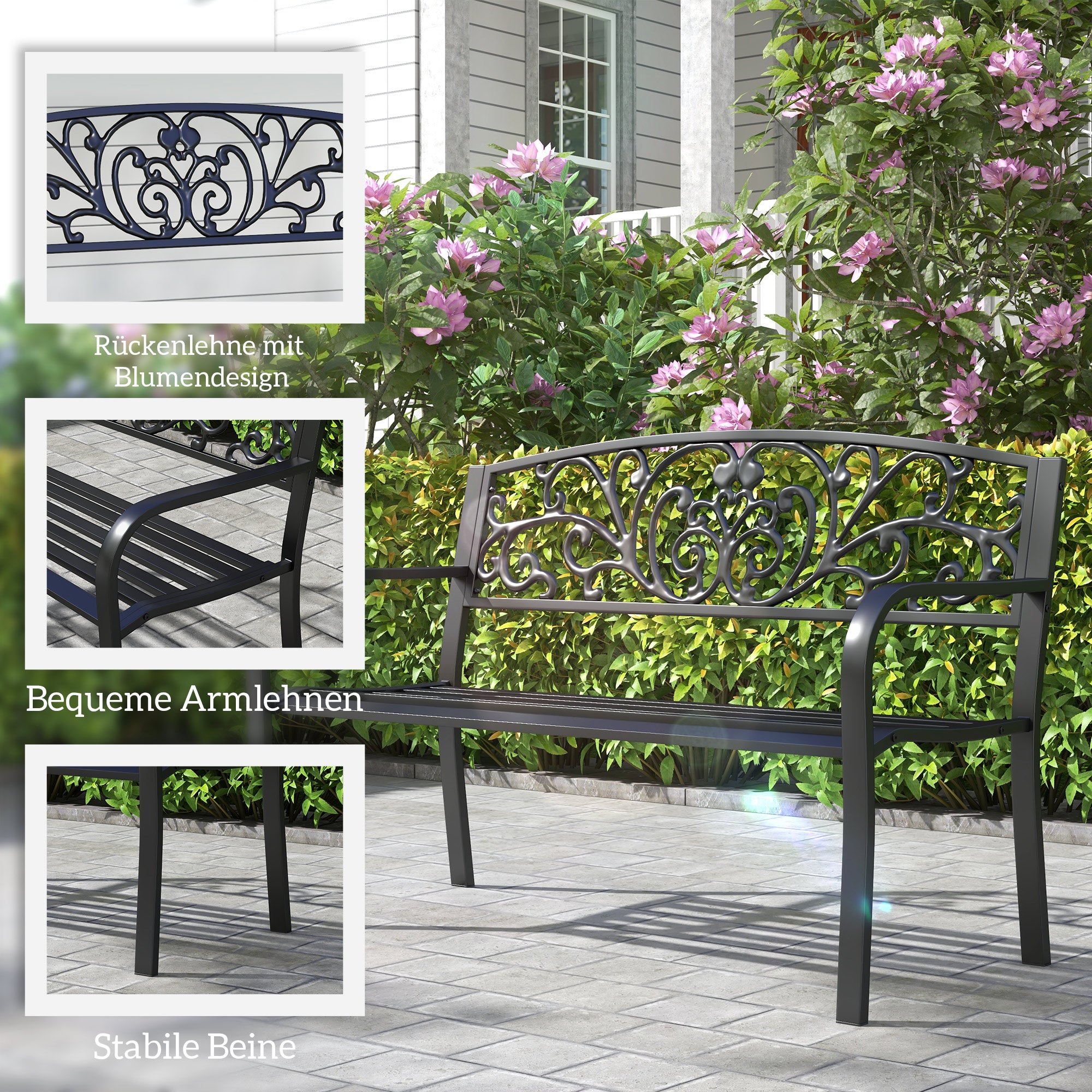 Metal Garden Bench, Park Bench with Backrest, Armrest, Weatherproof Bench, 2 Seater Balcony Bench, Supports up to 250 kg for Balcony, Terrace, Black