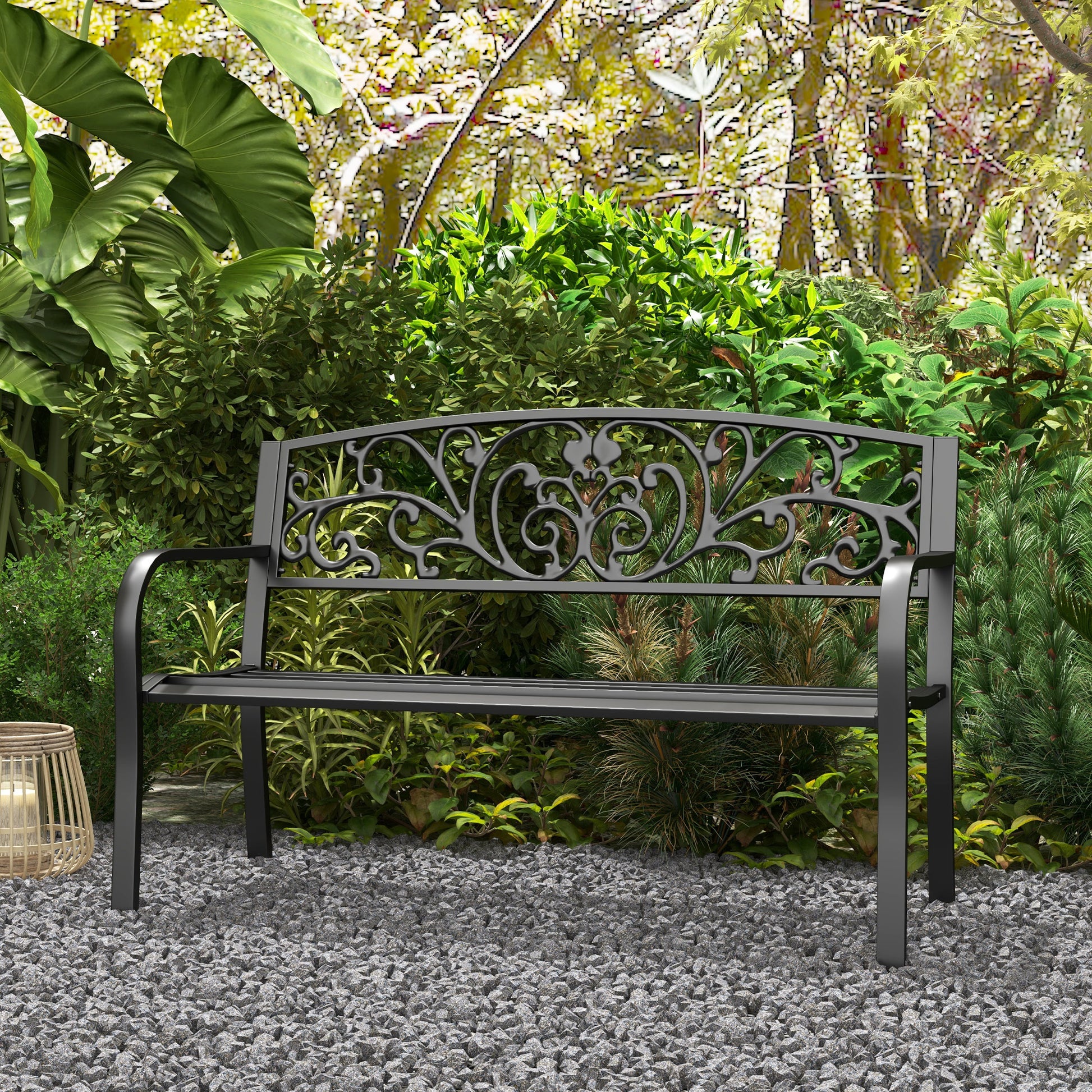 Metal Garden Bench, Park Bench with Backrest, Armrest, Weatherproof Bench, 2 Seater Balcony Bench, Supports up to 250 kg for Balcony, Terrace, Black