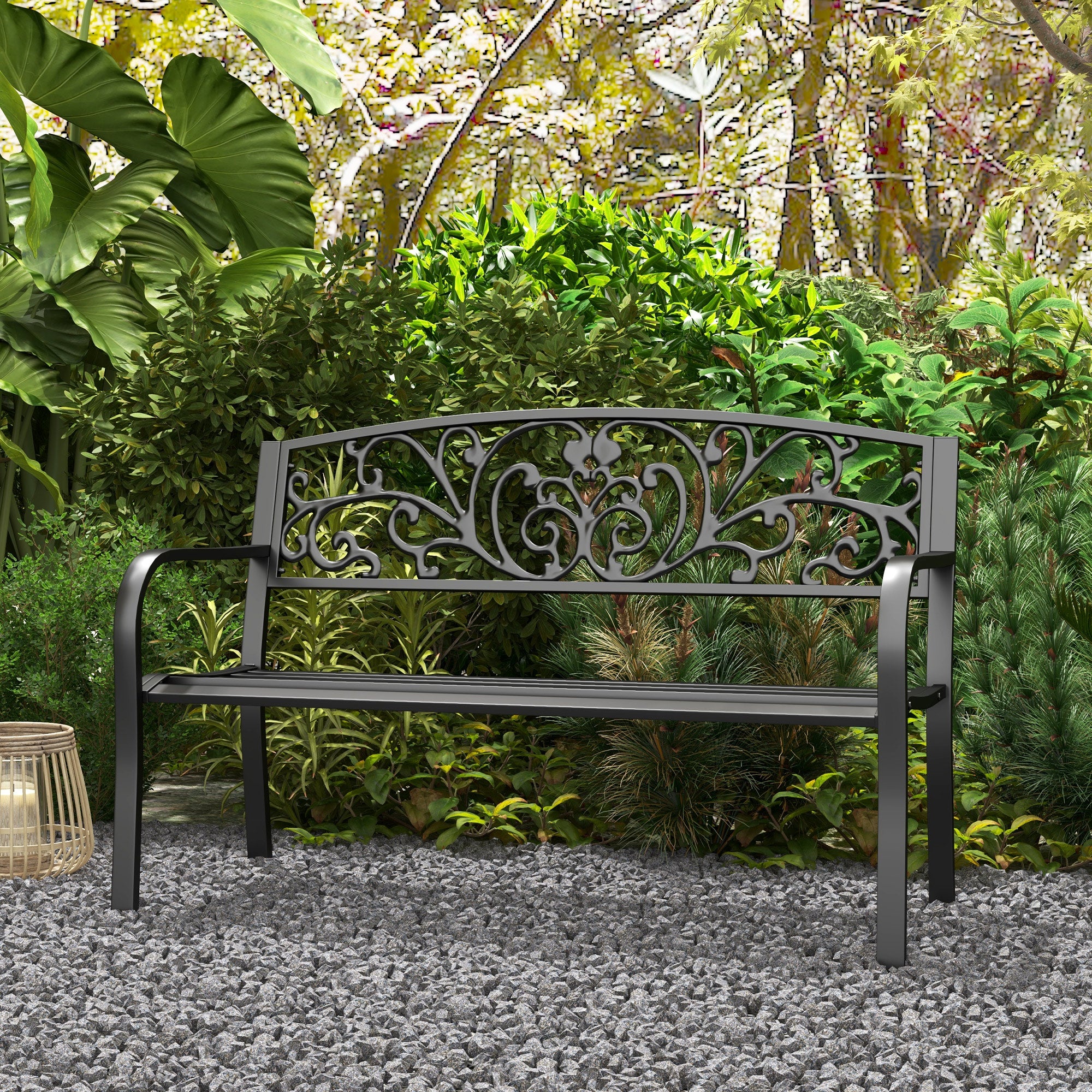 Metal Garden Bench, Park Bench with Backrest, Armrest, Weatherproof Bench, 2 Seater Balcony Bench, Supports up to 250 kg for Balcony, Terrace, Black