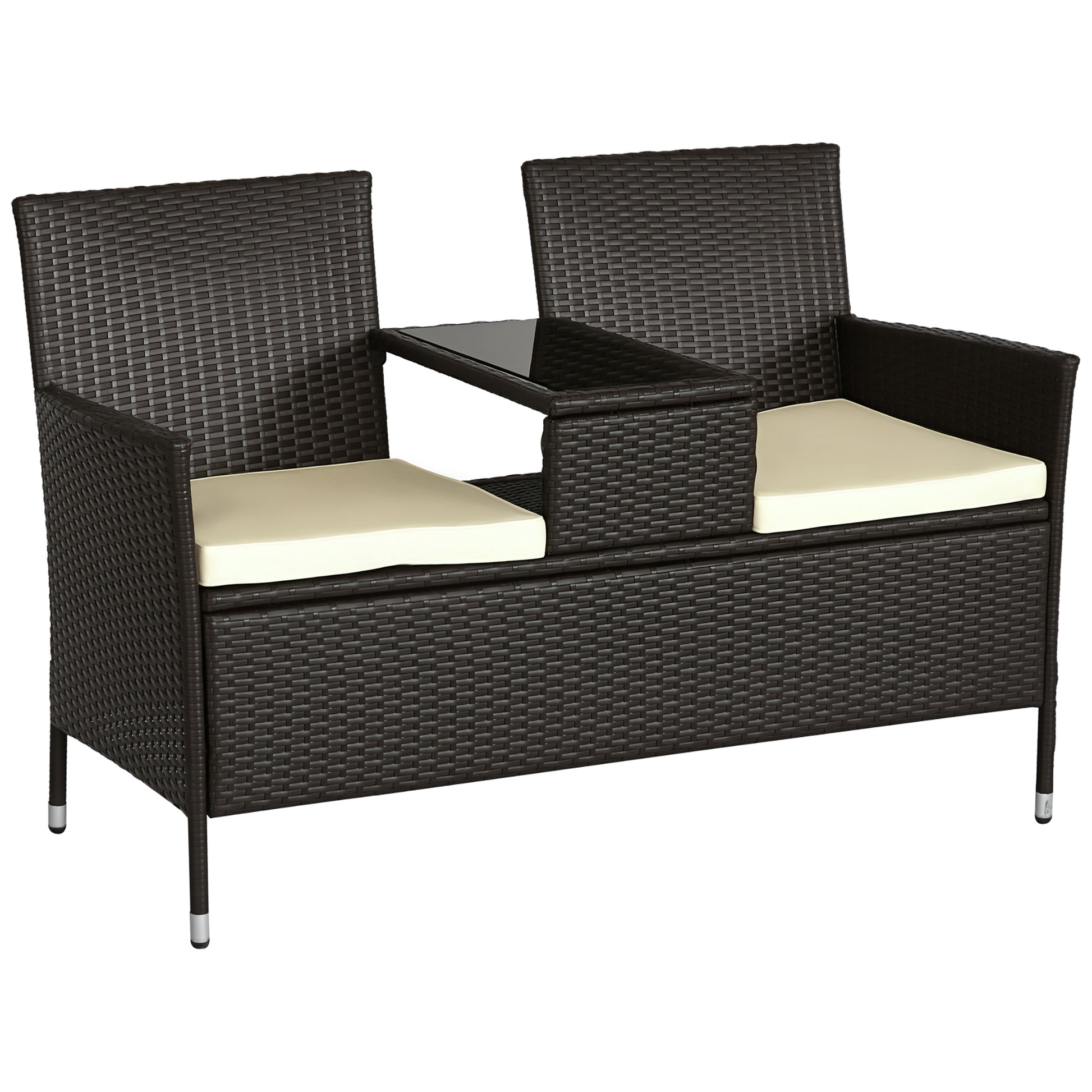 Contemporary Design Garden Bench 133L x 63W x 84H cm Double Bench with Seat Cushions + Integrated Table Woven Resin Rattan Chocolate Polyester Cream