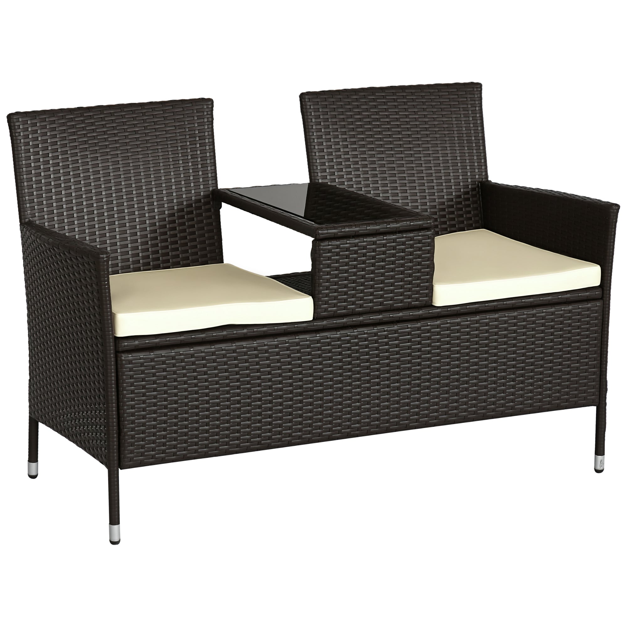 Contemporary Design Garden Bench 133L x 63W x 84H cm Double Bench with Seat Cushions + Integrated Table Woven Resin Rattan Chocolate Polyester Cream