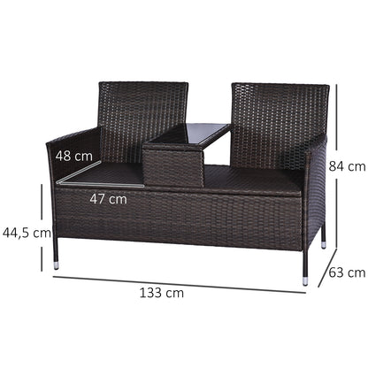 Contemporary Design Garden Bench 133L x 63W x 84H cm Double Bench with Seat Cushions + Integrated Table Woven Resin Rattan Chocolate Polyester Cream