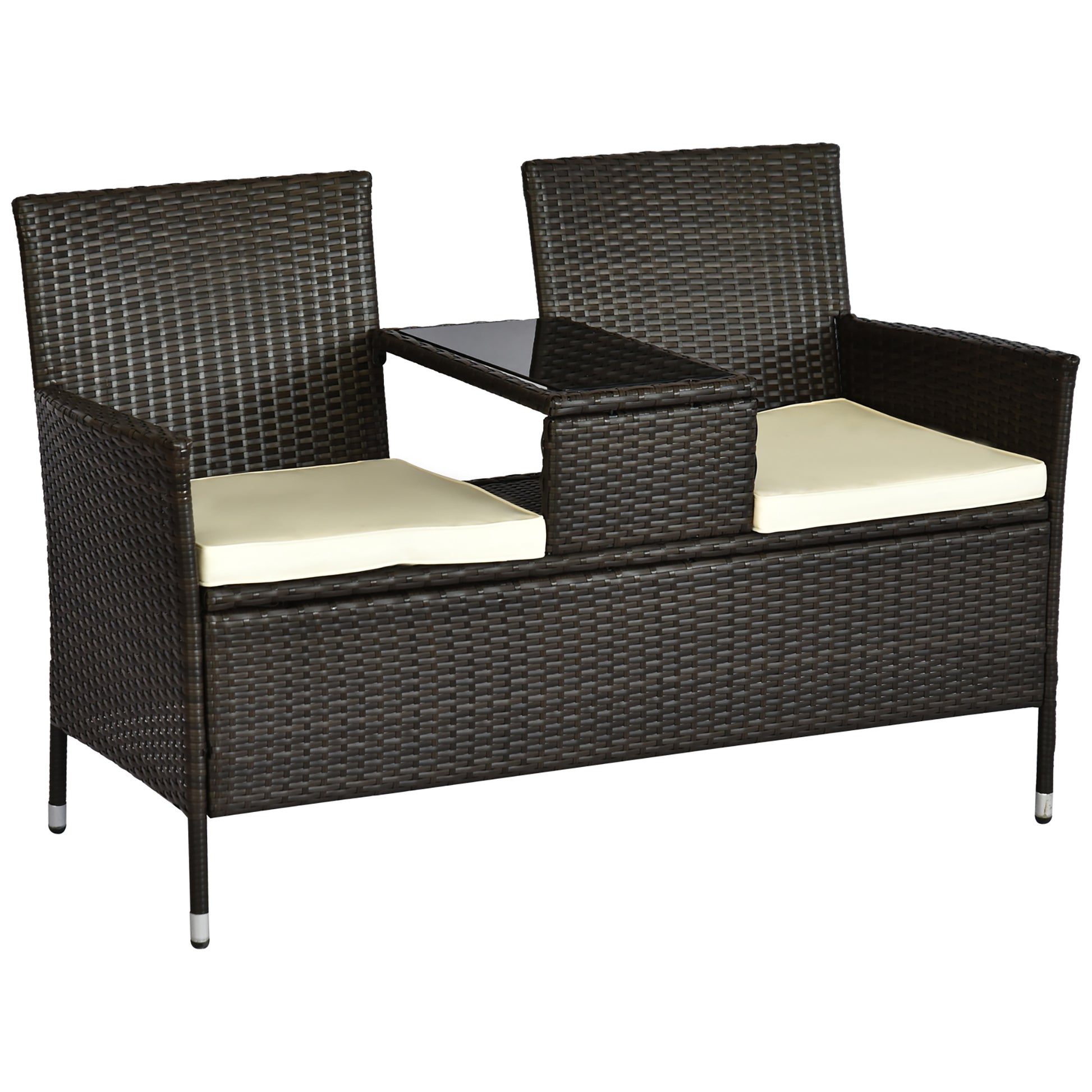 Contemporary Design Garden Bench 133L x 63W x 84H cm Double Bench with Seat Cushions + Integrated Table Woven Resin Rattan Chocolate Polyester Cream
