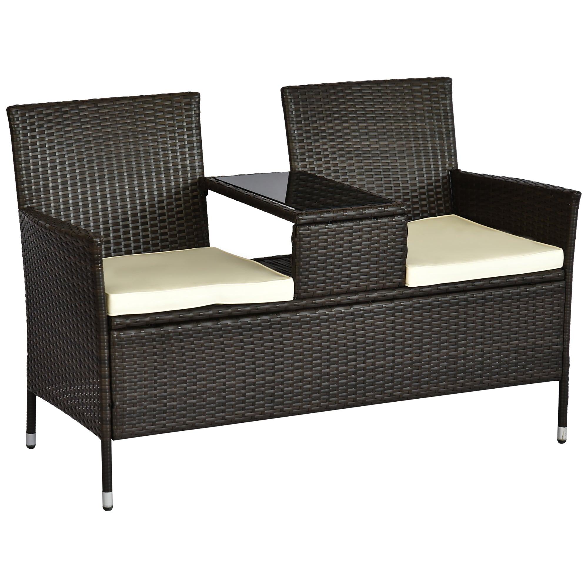 Contemporary Design Garden Bench 133L x 63W x 84H cm Double Bench with Seat Cushions + Integrated Table Woven Resin Rattan Chocolate Polyester Cream
