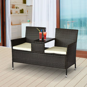 Contemporary Design Garden Bench 133L x 63W x 84H cm Double Bench with Seat Cushions + Integrated Table Woven Resin Rattan Chocolate Polyester Cream