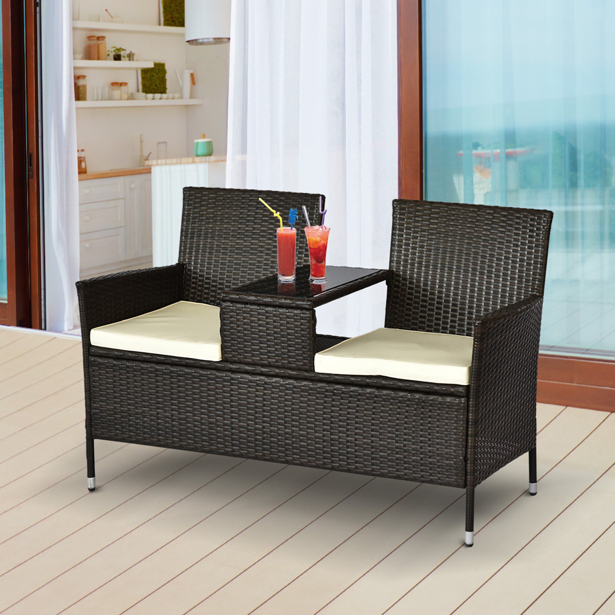 Contemporary Design Garden Bench 133L x 63W x 84H cm Double Bench with Seat Cushions + Integrated Table Woven Resin Rattan Chocolate Polyester Cream