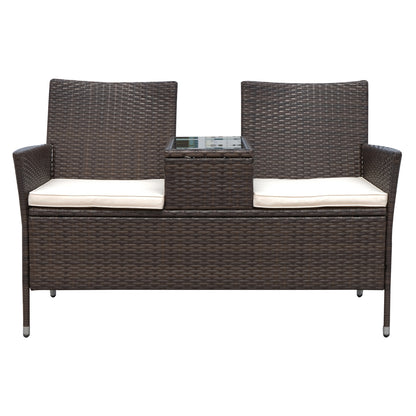 Contemporary Design Garden Bench 133L x 63W x 84H cm Double Bench with Seat Cushions + Integrated Table Woven Resin Rattan Chocolate Polyester Cream
