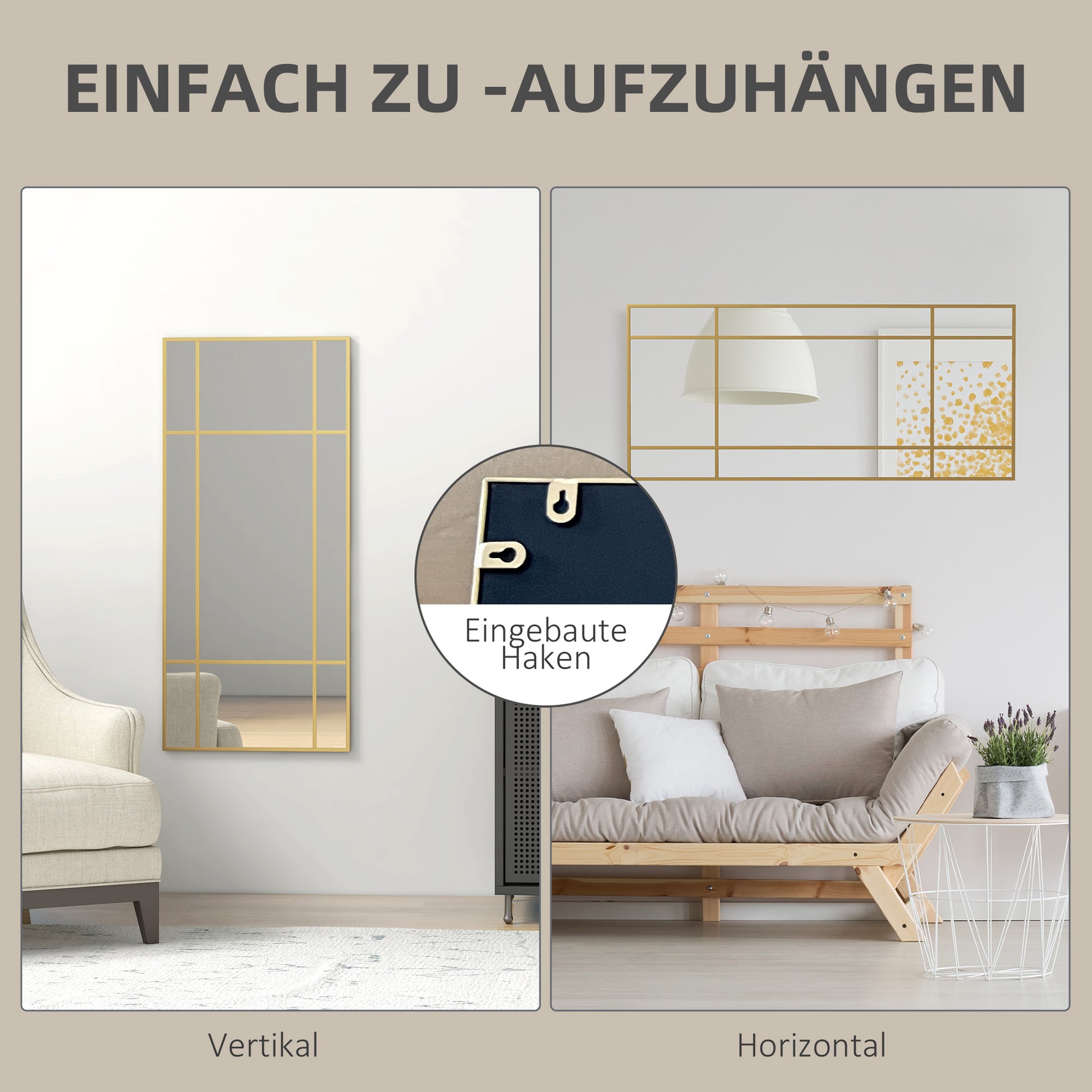 Wall Mirror 110 x 50 cm Decorative Mirror with Metal Frame, Rectangular Mirror for Bedroom, Bathroom Gold