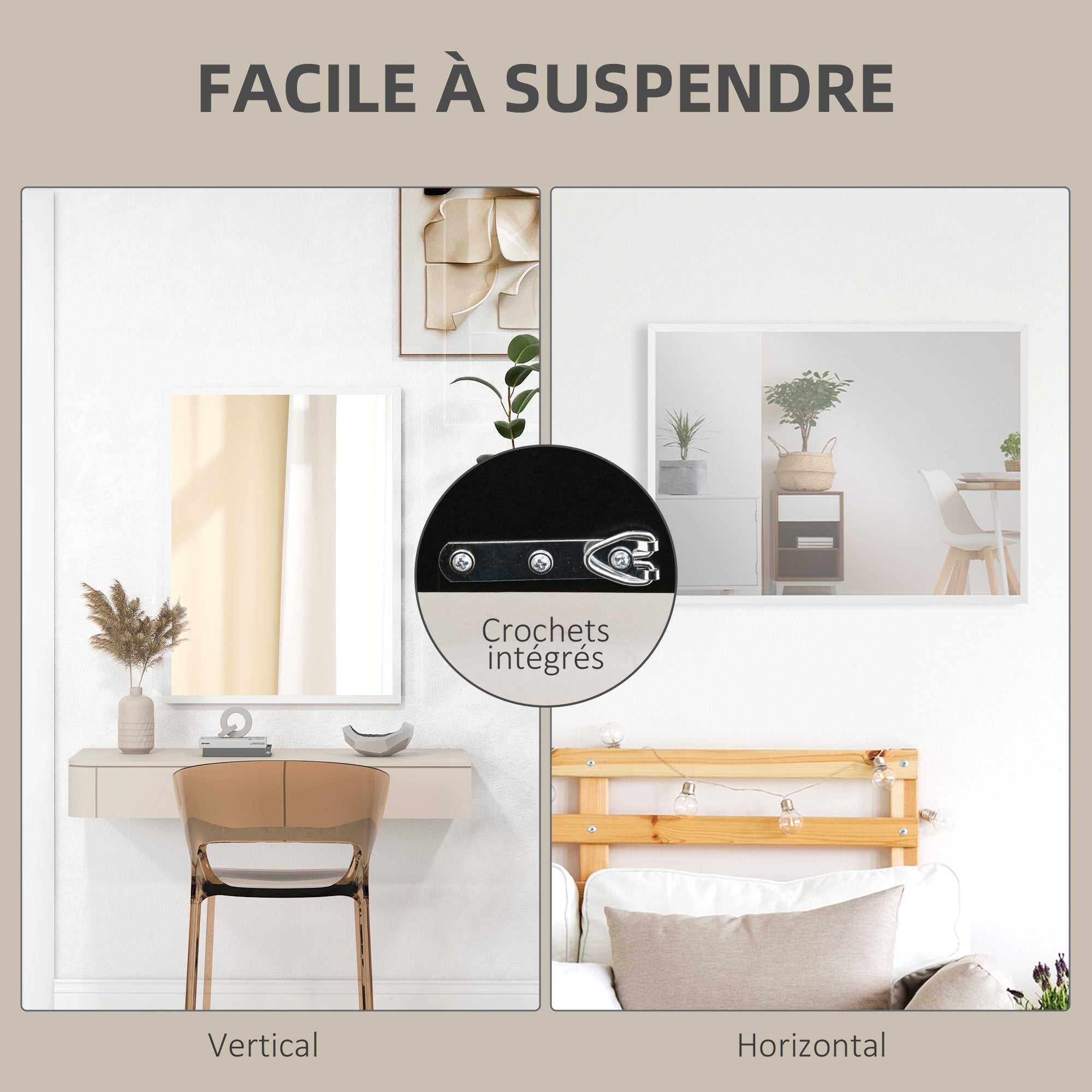 Rectangular Wall Mirror 60 x 80 cm, MDF Frame, ideal for bathroom, living room, or bedroom, white