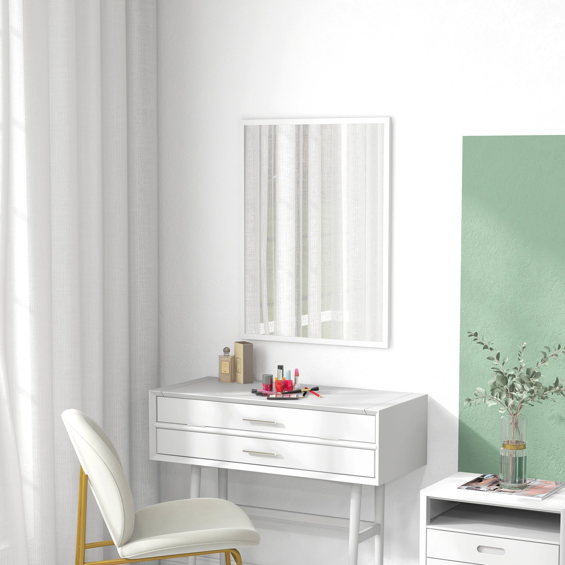 Rectangular Wall Mirror 60 x 80 cm, MDF Frame, ideal for bathroom, living room, or bedroom, white
