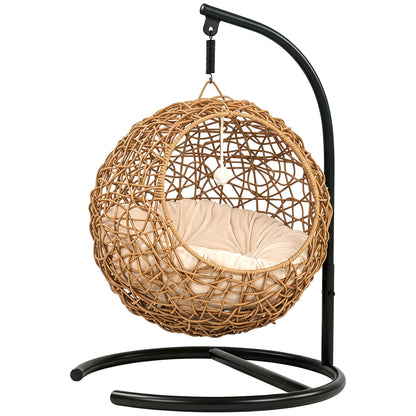 Woven Cat Bed — Elevated Rattan Cat House with Washable Cushion & Toy Ball, Indoor Hideout, 17.7 x 16.1 x 29.5 in (45 x 41 x 75 cm), Light Brown