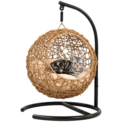 Woven Cat Bed — Elevated Rattan Cat House with Washable Cushion & Toy Ball, Indoor Hideout, 17.7 x 16.1 x 29.5 in (45 x 41 x 75 cm), Light Brown