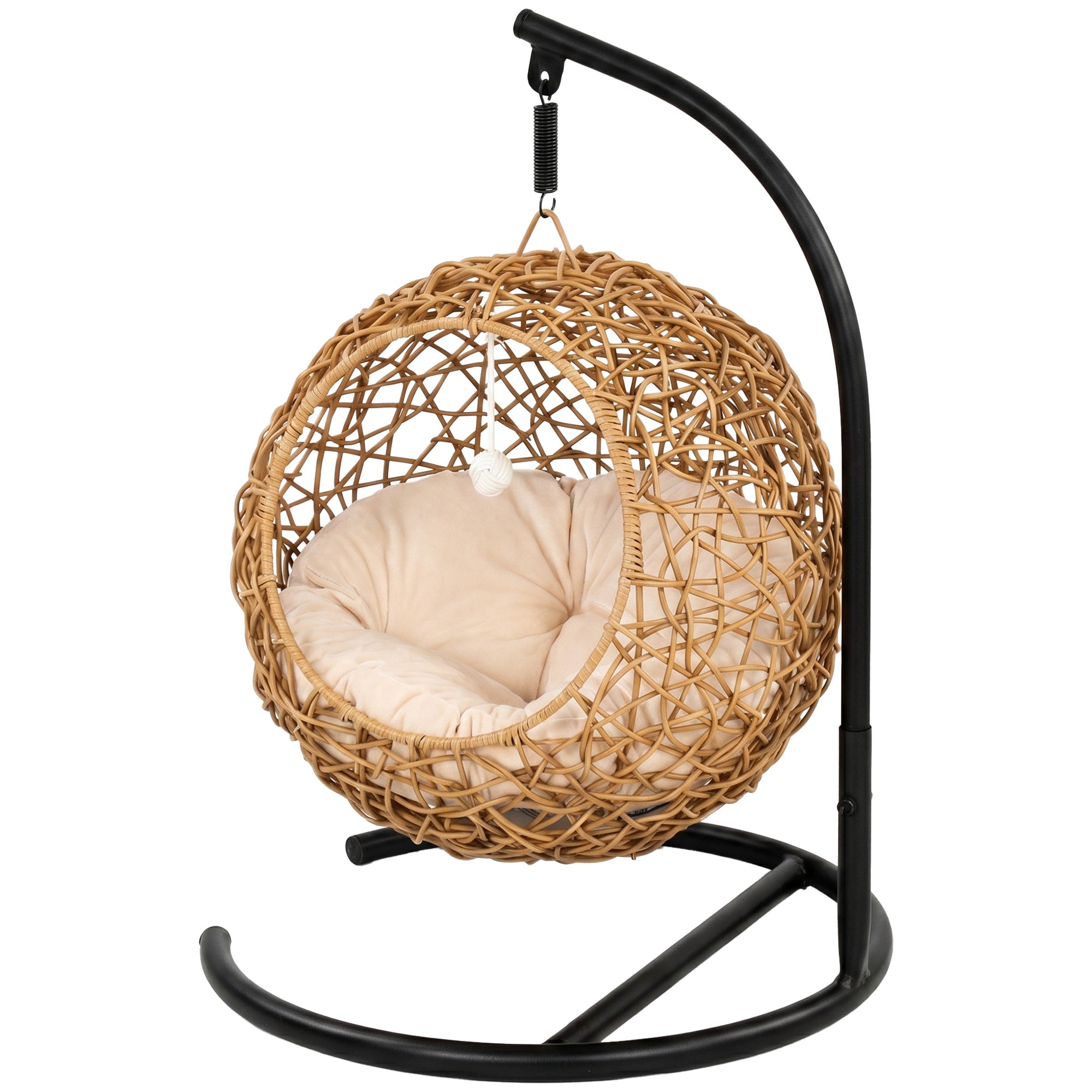 Woven Cat Bed — Elevated Rattan Cat House with Washable Cushion & Toy Ball, Indoor Hideout, 17.7 x 16.1 x 29.5 in (45 x 41 x 75 cm), Light Brown