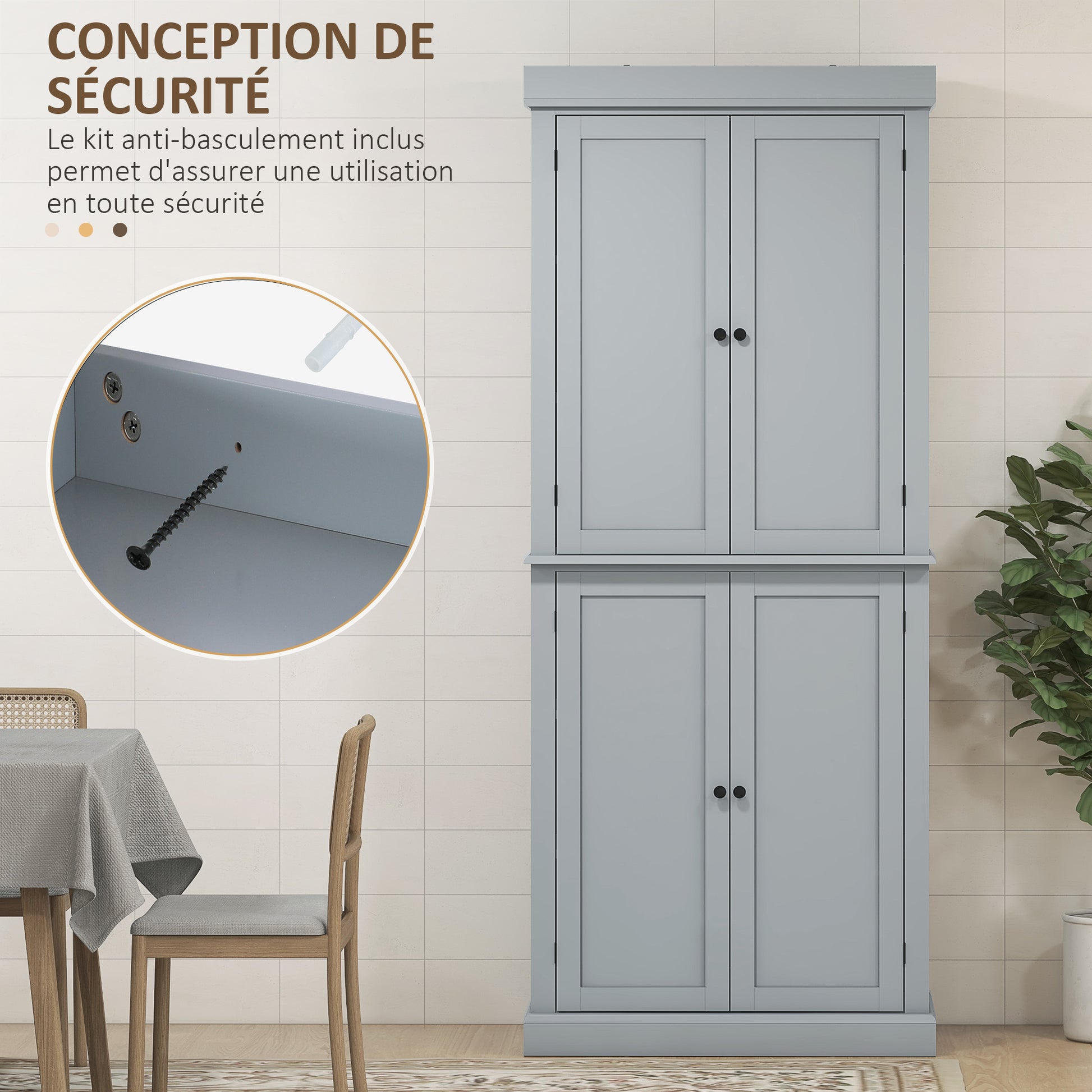 Kitchen Cabinet Buffet Cupboard Storage Cabinet Modern Style with Adjustable Shelves for Dining Room Living Room, 76 x 40.5 x 184 cm, Gray