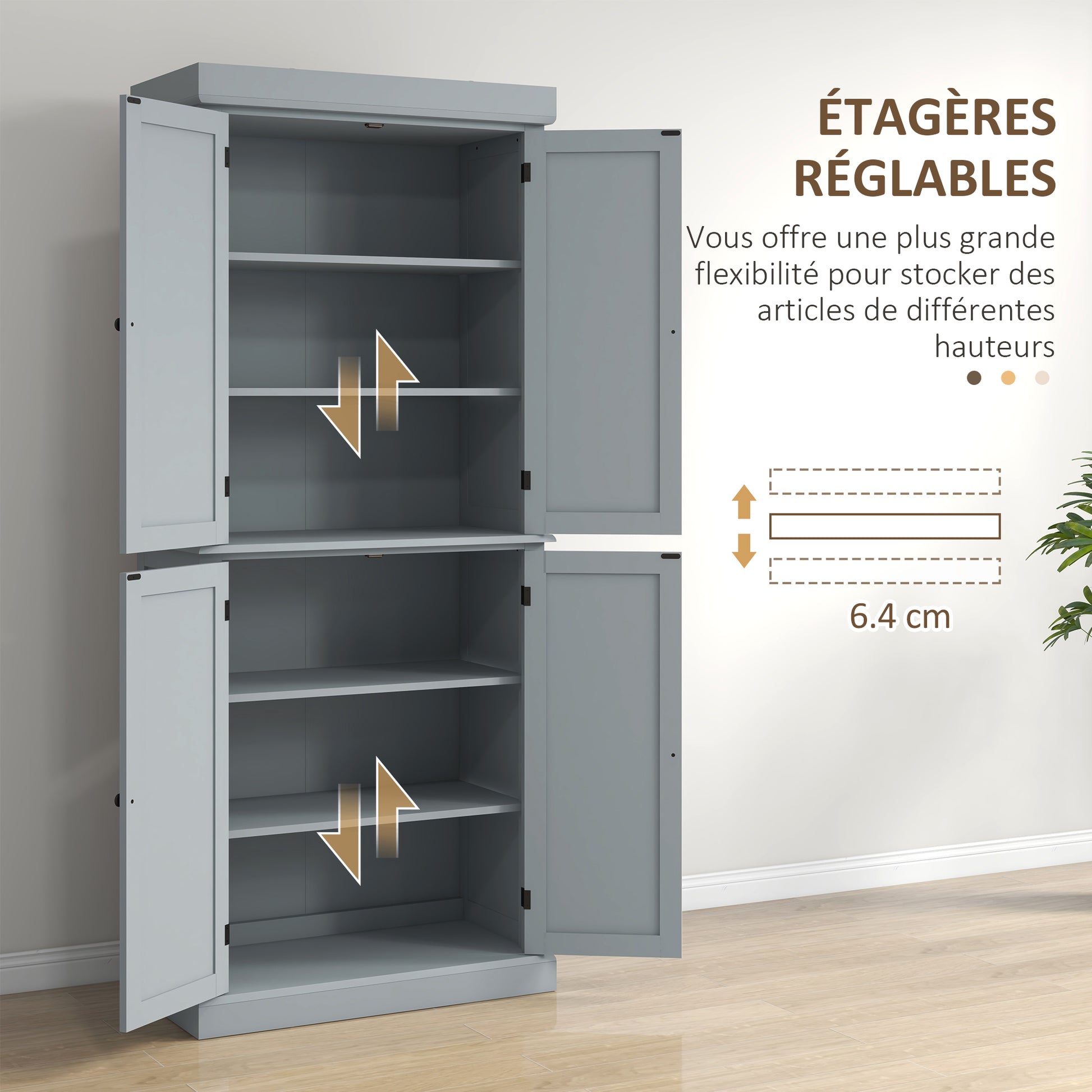 Kitchen Cabinet Buffet Cupboard Storage Cabinet Modern Style with Adjustable Shelves for Dining Room Living Room, 76 x 40.5 x 184 cm, Gray