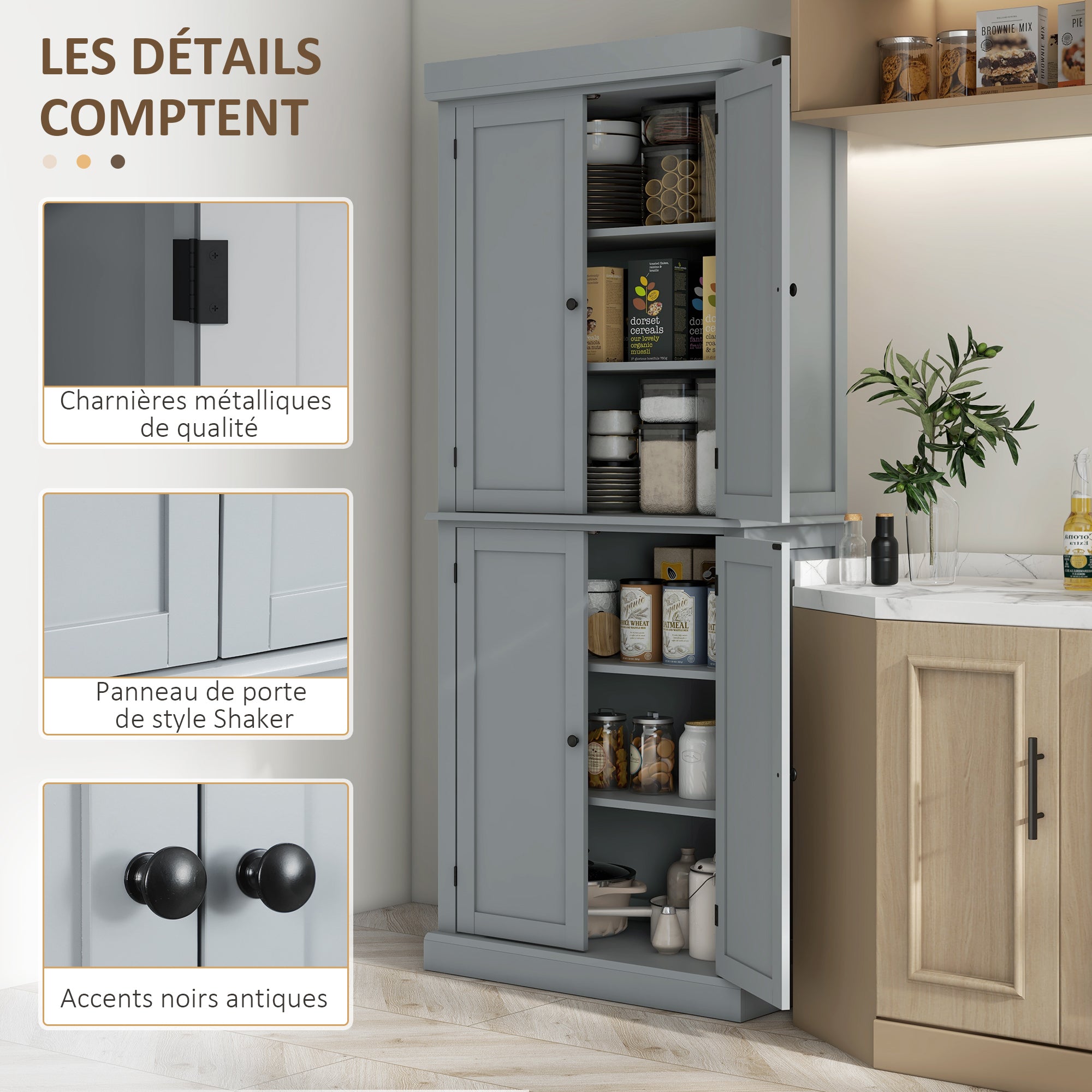Kitchen Cabinet Buffet Cupboard Storage Cabinet Modern Style with Adjustable Shelves for Dining Room Living Room, 76 x 40.5 x 184 cm, Gray