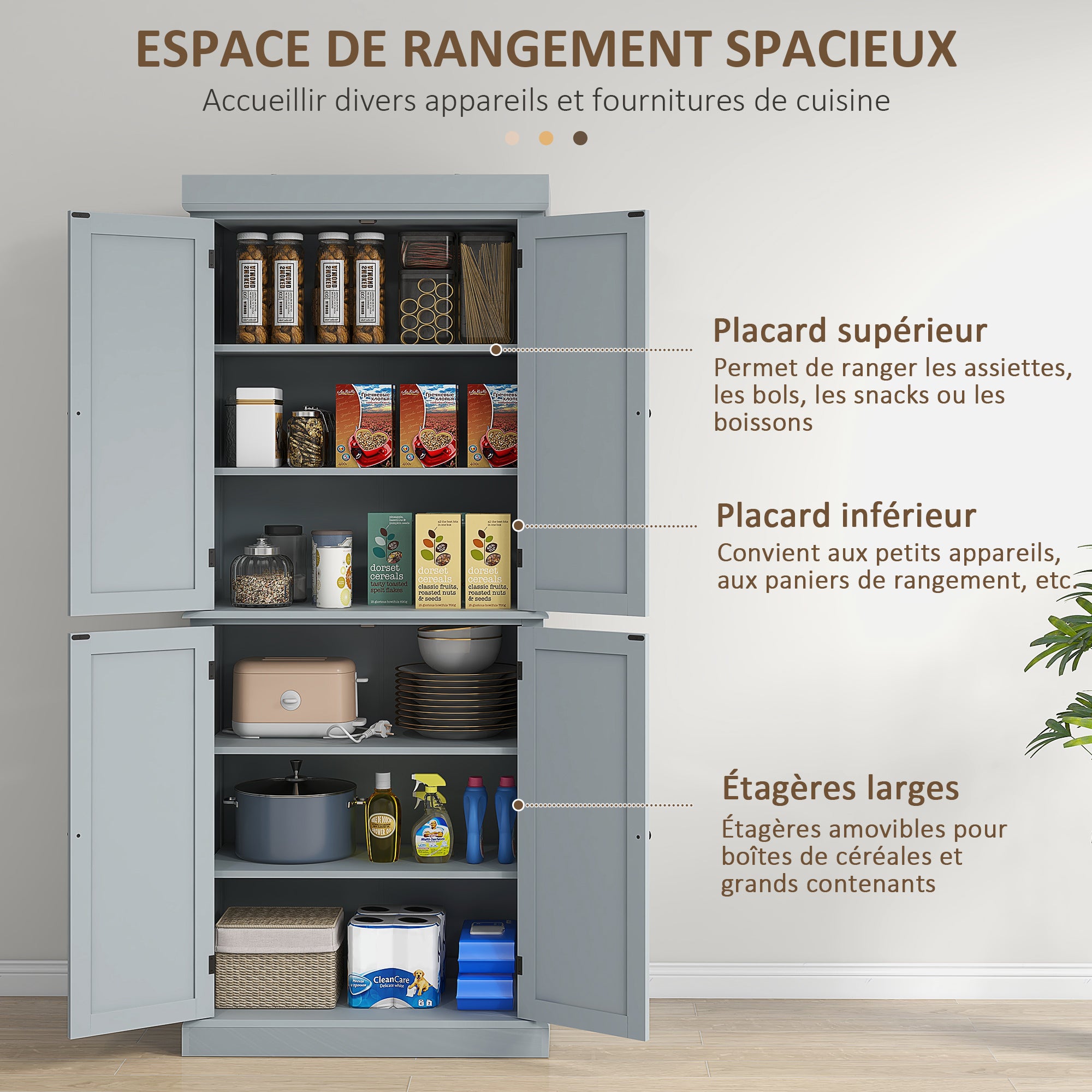 Kitchen Cabinet Buffet Cupboard Storage Cabinet Modern Style with Adjustable Shelves for Dining Room Living Room, 76 x 40.5 x 184 cm, Gray
