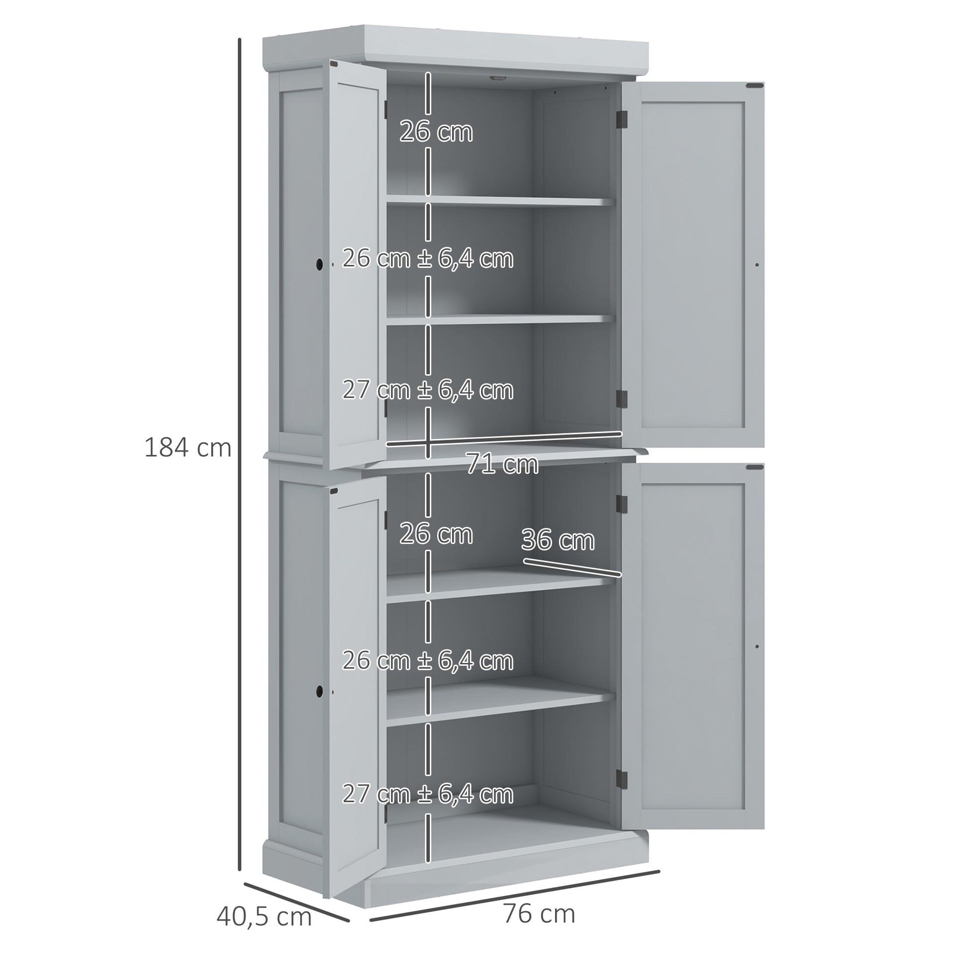 Kitchen Cabinet Buffet Cupboard Storage Cabinet Modern Style with Adjustable Shelves for Dining Room Living Room, 76 x 40.5 x 184 cm, Gray