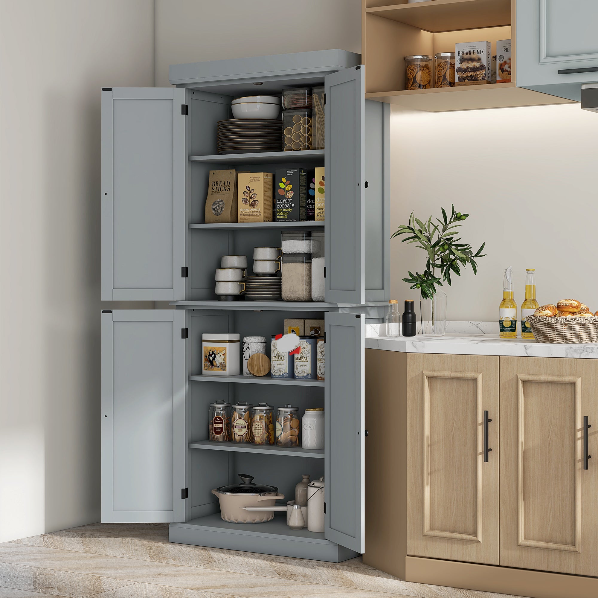 Kitchen Cabinet Buffet Cupboard Storage Cabinet Modern Style with Adjustable Shelves for Dining Room Living Room, 76 x 40.5 x 184 cm, Gray