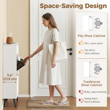 Slim Shoe Cabinet with 2 Flip Compartments, Leather-Effect Doors, 2 Cupboards & Adjustable Shelves, Soft-Close for Hallway & Entry — White