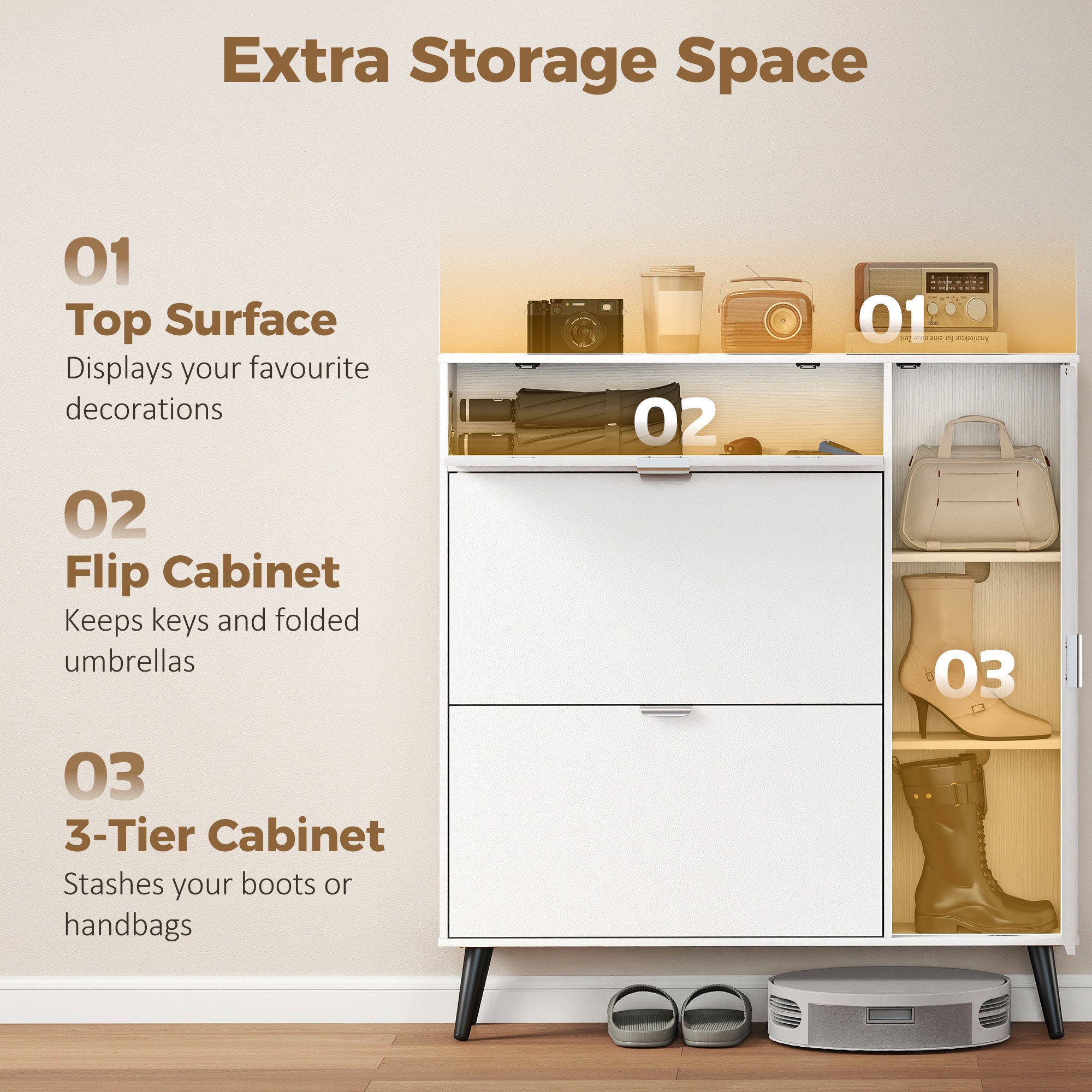 Slim Shoe Cabinet with 2 Flip Compartments, Leather-Effect Doors, 2 Cupboards & Adjustable Shelves, Soft-Close for Hallway & Entry — White
