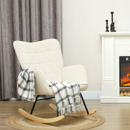 Schaukelstuhl, Schaukelsessel mit Samtoptik, Armlehne, Gepolsterter Sessel mit Holzkufen, Relaxsessel für Wohnzimmer, Schlafzimmer, bis 120kg belastbar, Beige