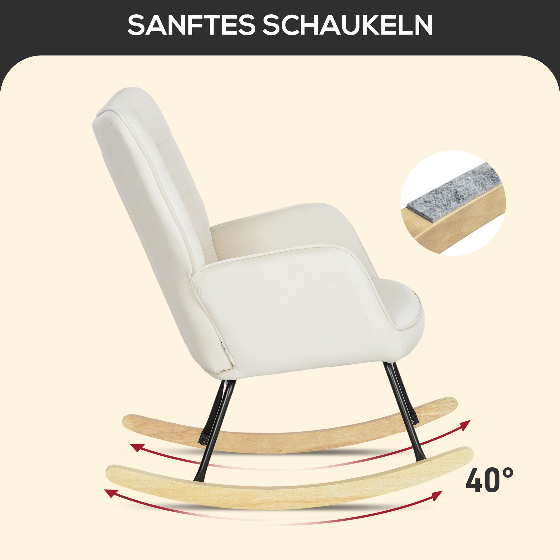 Rocking Chair, Rocking Armchair with Velvet Look, Armrest, Padded Chair with Wooden Rockers, Relaxing Armchair for Living Room, Bedroom, up to 120kg Load Capacity, Beige