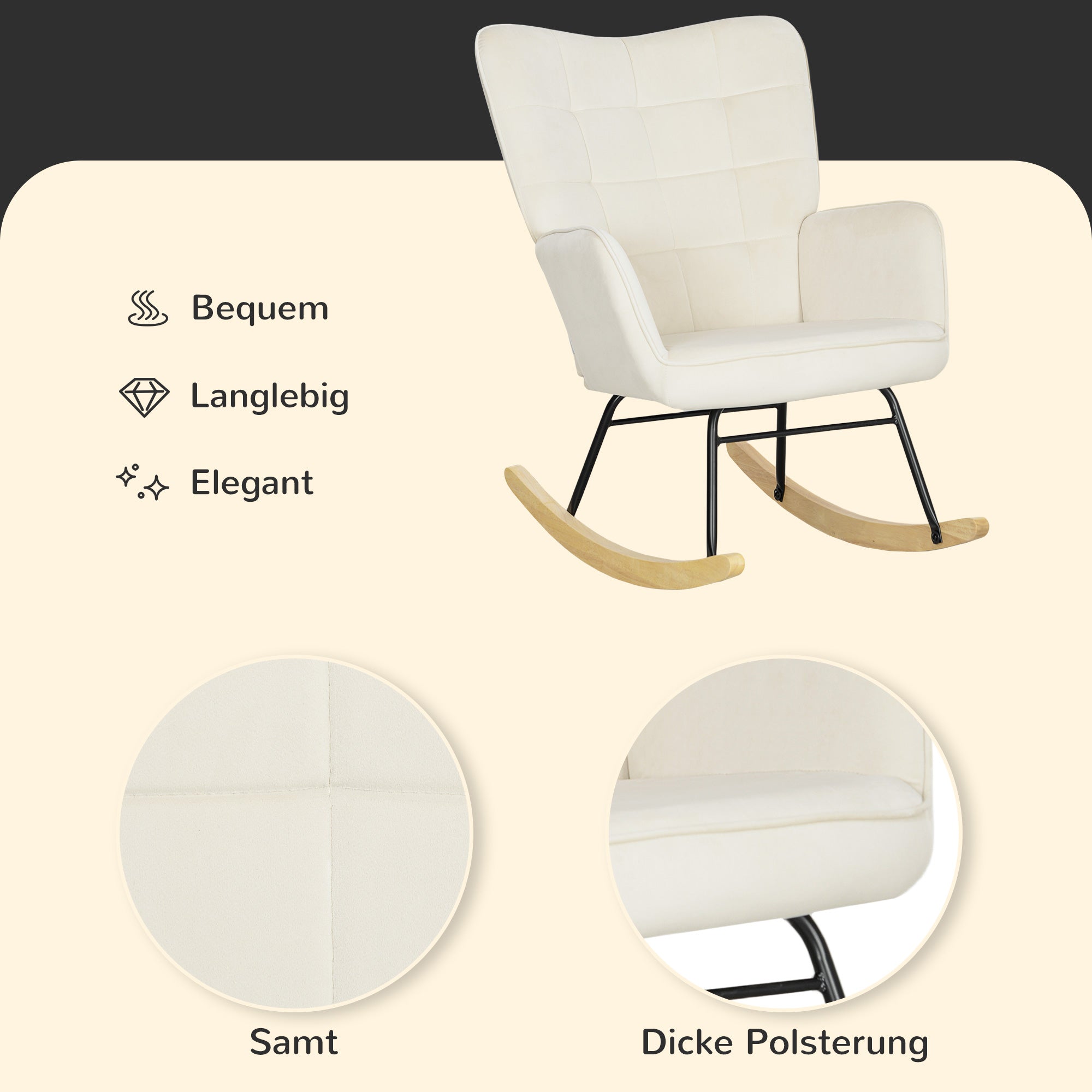 Rocking Chair, Rocking Armchair with Velvet Look, Armrest, Padded Chair with Wooden Rockers, Relaxing Armchair for Living Room, Bedroom, up to 120kg Load Capacity, Beige