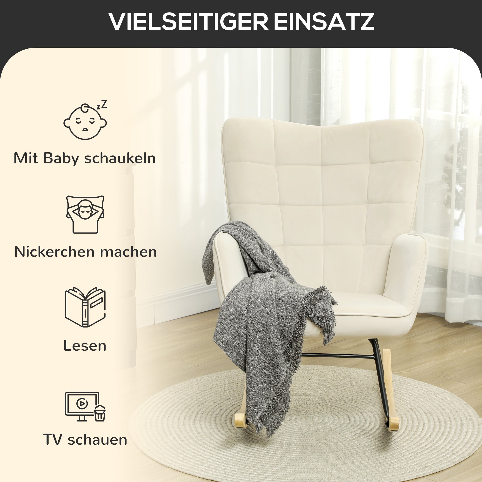 Rocking Chair, Rocking Armchair with Velvet Look, Armrest, Padded Chair with Wooden Rockers, Relaxing Armchair for Living Room, Bedroom, up to 120kg Load Capacity, Beige
