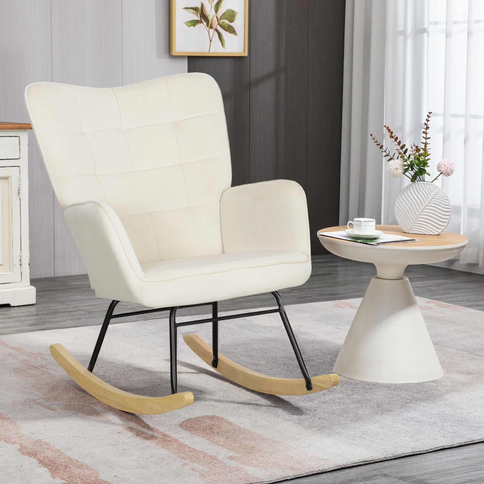 Rocking Chair, Rocking Armchair with Velvet Look, Armrest, Padded Chair with Wooden Rockers, Relaxing Armchair for Living Room, Bedroom, up to 120kg Load Capacity, Beige
