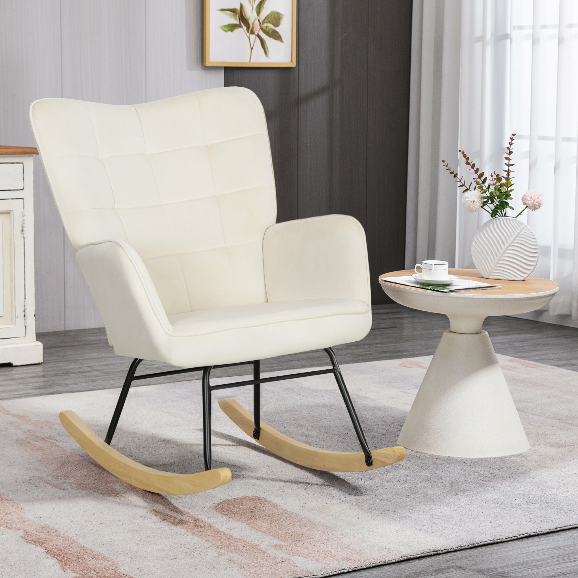 Rocking Chair, Rocking Armchair with Velvet Look, Armrest, Padded Chair with Wooden Rockers, Relaxing Armchair for Living Room, Bedroom, up to 120kg Load Capacity, Beige