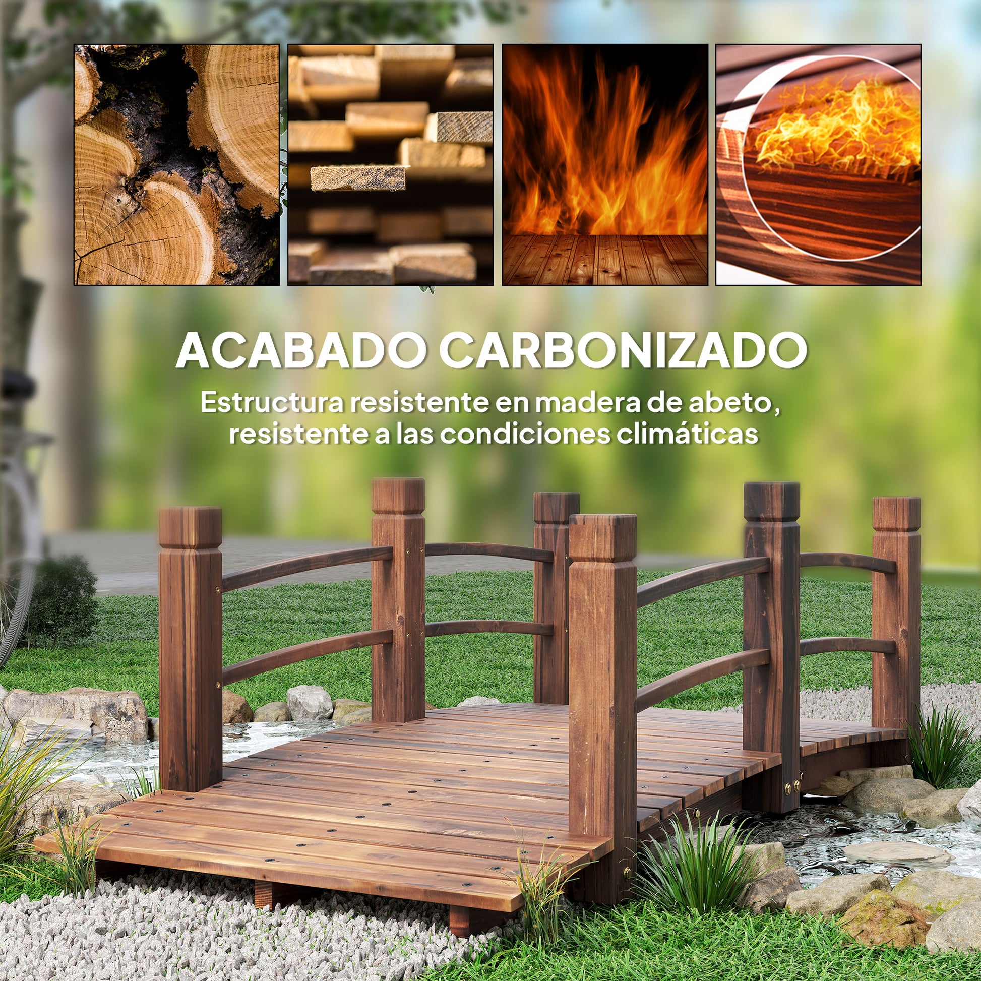 Garden Bridge Wooden Bridge with Railing Bridge for Pond Load 181 kg Decorative Bridge for Patio 152.5x67x48 cm Charred Wood