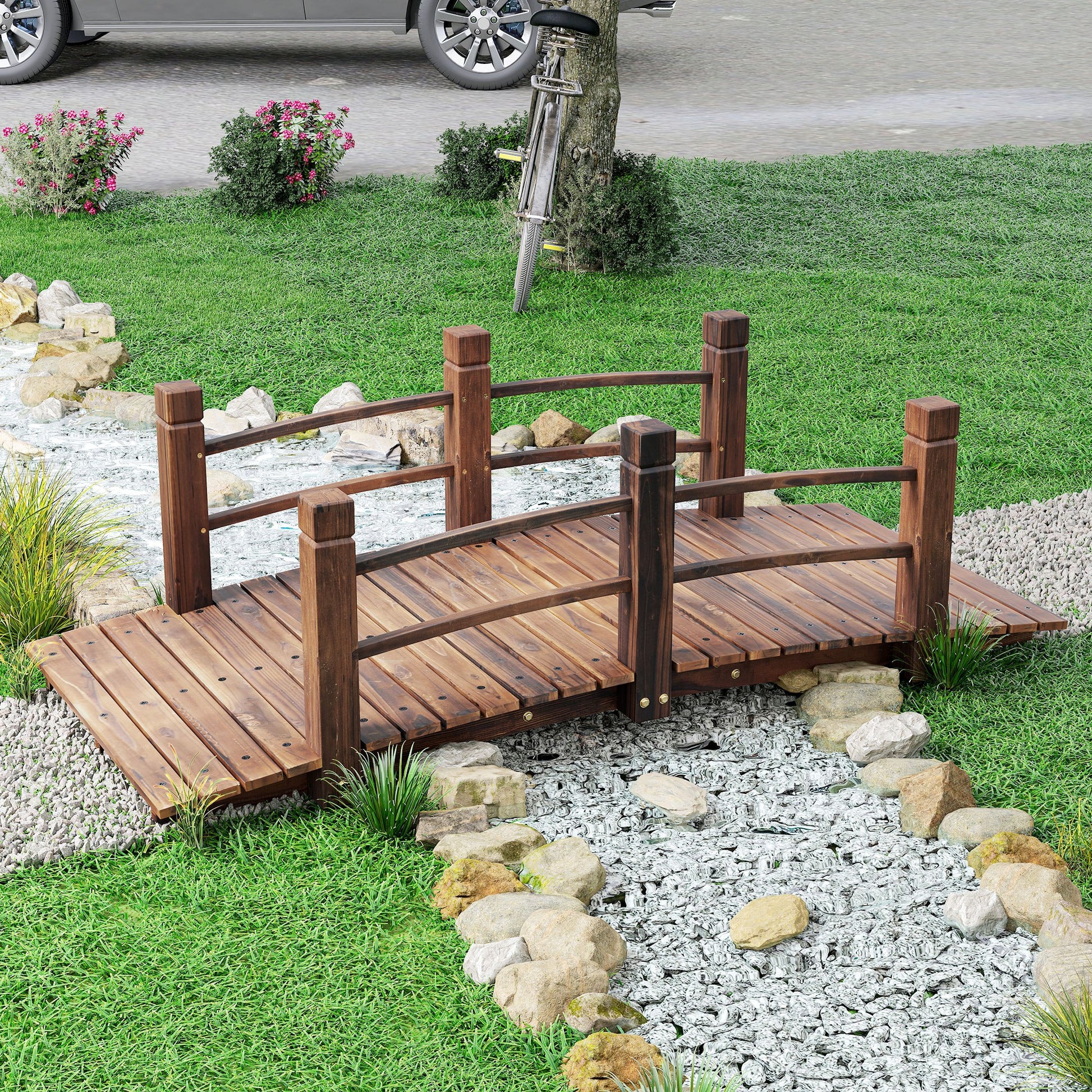 Garden Bridge Wooden Bridge with Railing Bridge for Pond Load 181 kg Decorative Bridge for Patio 152.5x67x48 cm Charred Wood