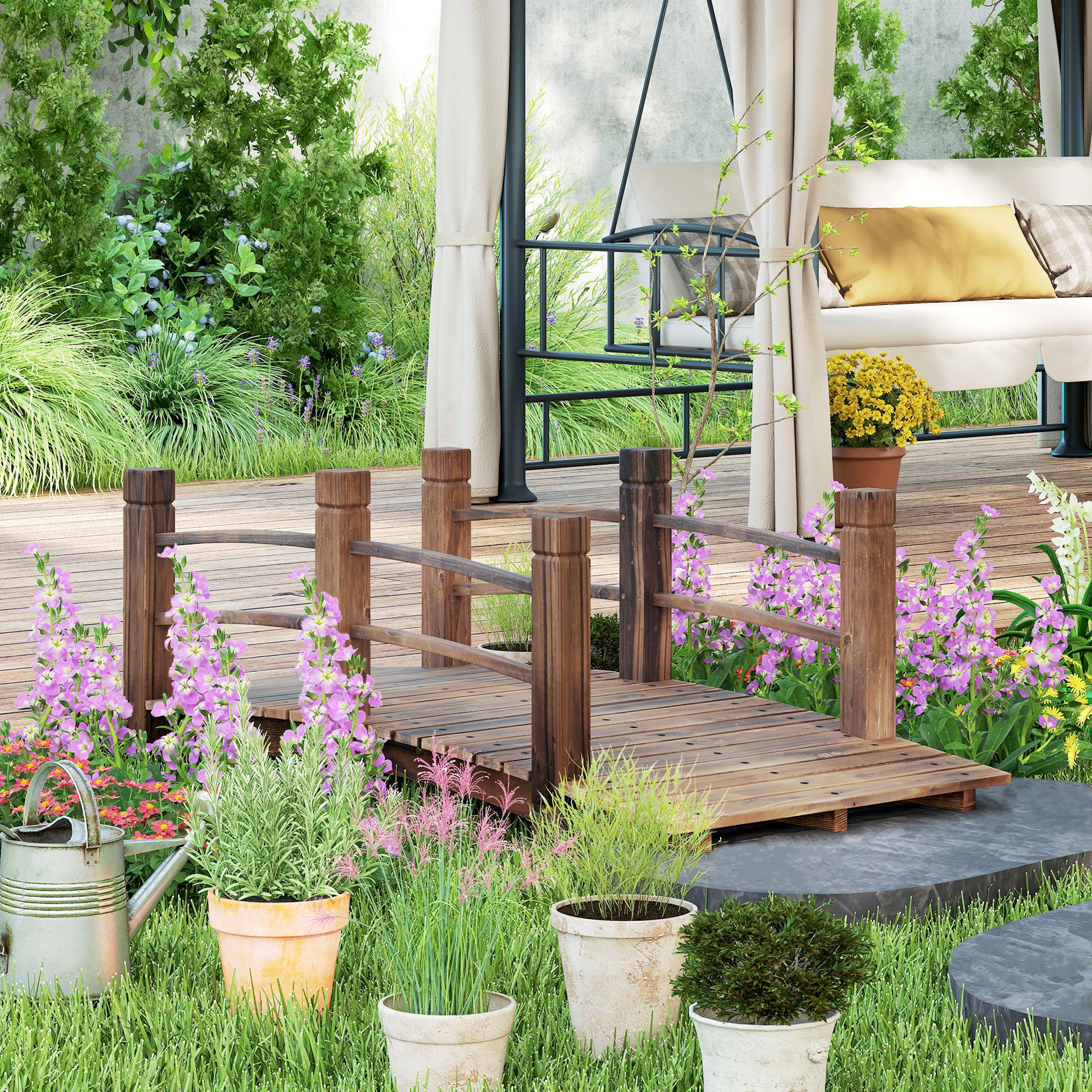 Garden Bridge Wooden Bridge with Railing Bridge for Pond Load 181 kg Decorative Bridge for Patio 152.5x67x48 cm Charred Wood