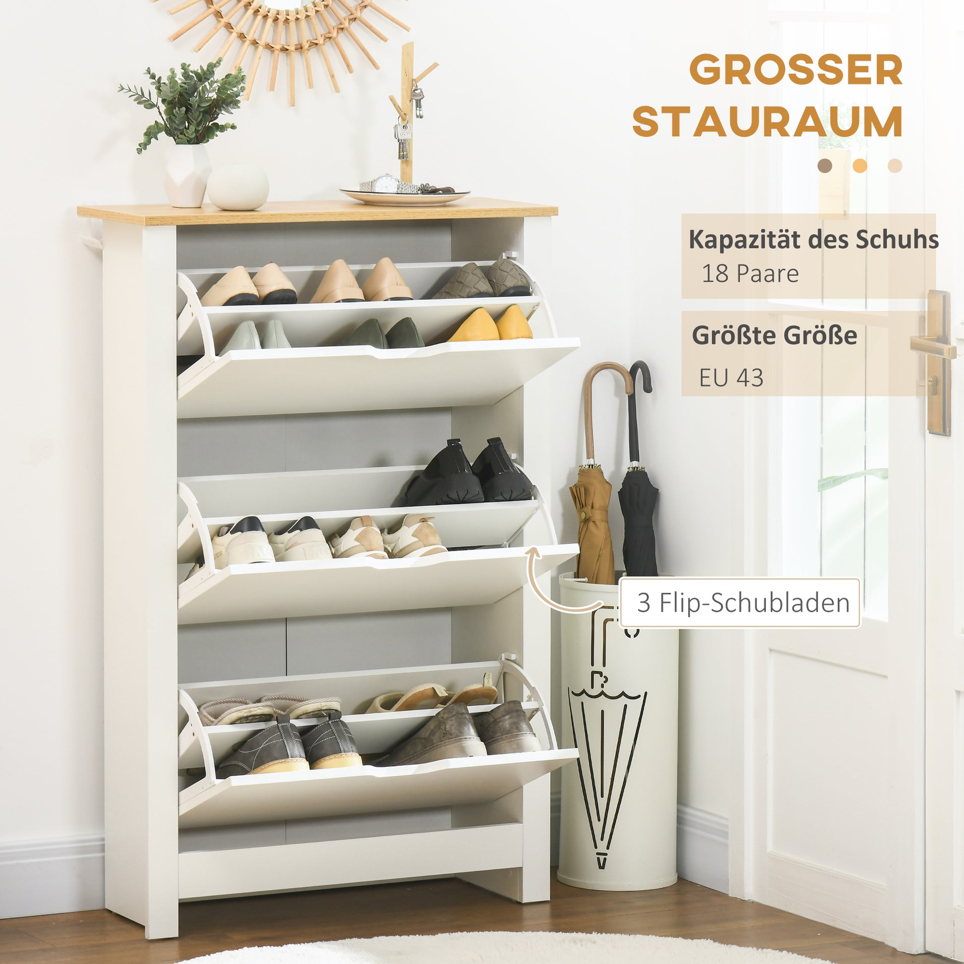 Shoe Cabinet with 3 Flaps, Shoe Rack, Narrow Shoe Cupboard with Adjustable Partition, Shoe Chest for 18 Pairs of Shoes 72 x 26 x 112 cm, White+Natural