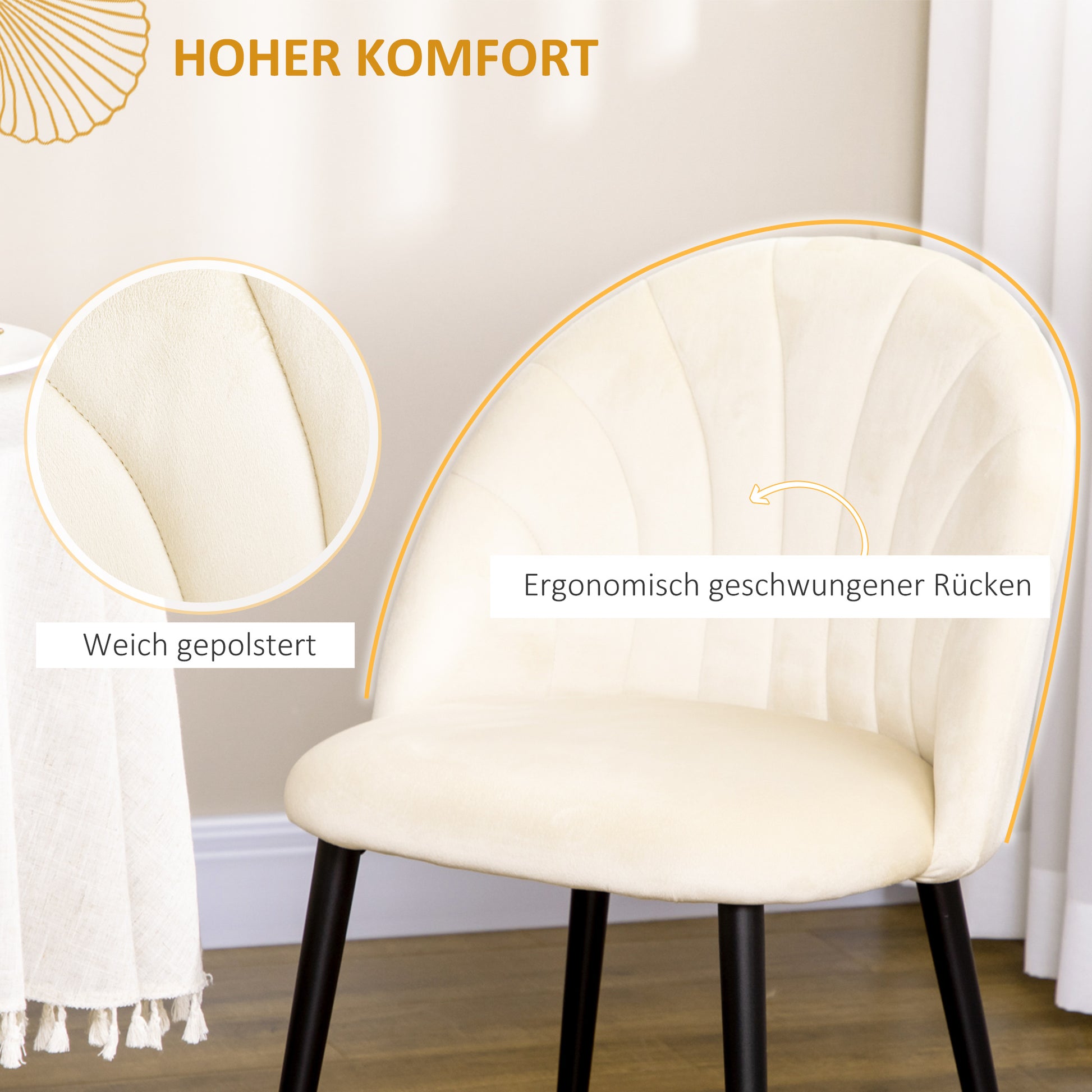 Dining Chairs Set of 2 Kitchen Chair with Shell-Shaped Backrest, Velvet-Like Material, Armchair with Footrest, Chairs, Living Room Chair with Steel Legs for Dining Table, Cream White
