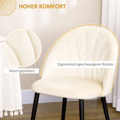 Dining Chairs Set of 2 Kitchen Chair with Shell-Shaped Backrest, Velvet-Like Material, Armchair with Footrest, Chairs, Living Room Chair with Steel Legs for Dining Table, Cream White