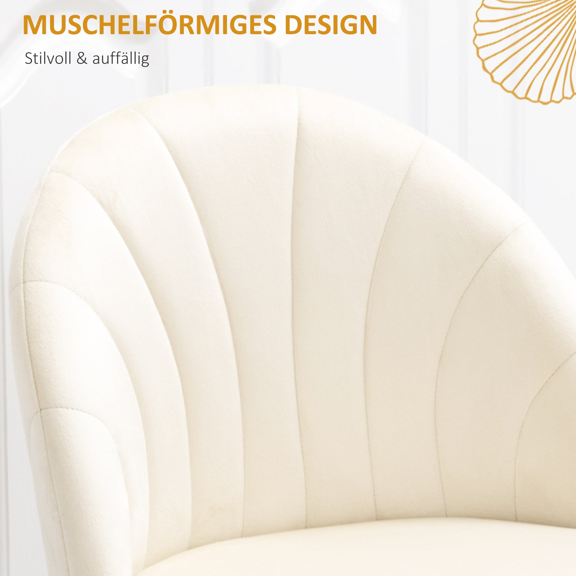 Dining Chairs Set of 2 Kitchen Chair with Shell-Shaped Backrest, Velvet-Like Material, Armchair with Footrest, Chairs, Living Room Chair with Steel Legs for Dining Table, Cream White