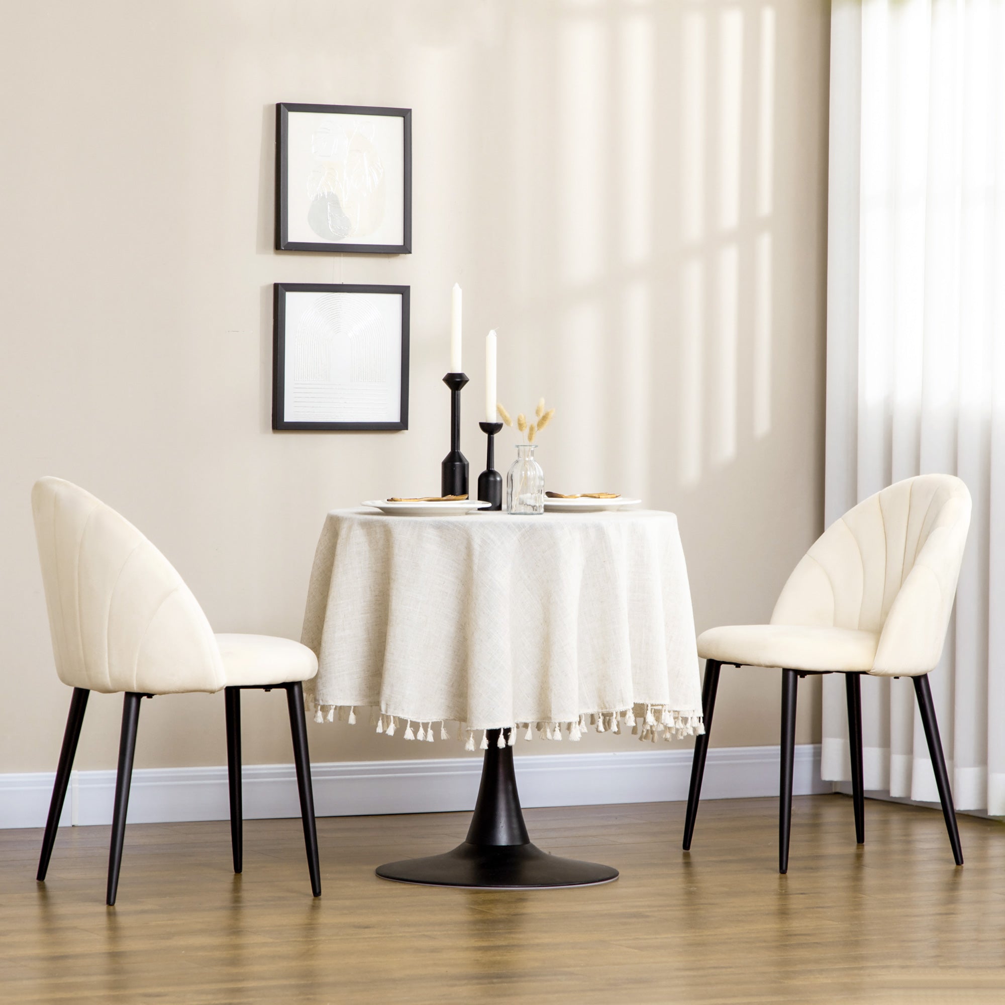 Dining Chairs Set of 2 Kitchen Chair with Shell-Shaped Backrest, Velvet-Like Material, Armchair with Footrest, Chairs, Living Room Chair with Steel Legs for Dining Table, Cream White