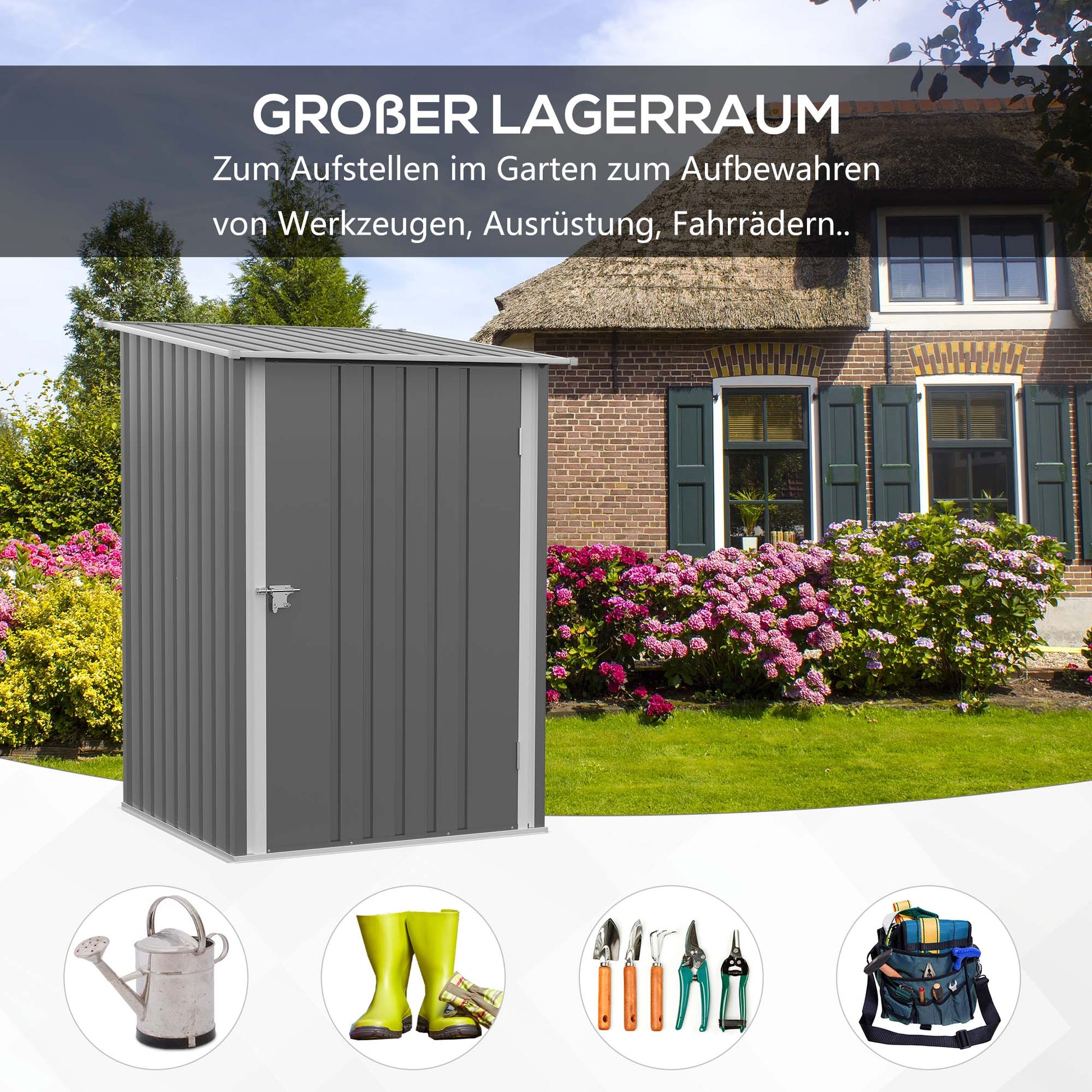 Metal Tool Shed 1.6m³ 100x103x160cm Garden Shed with Pent Roof Lockable Door Weatherproof Outdoor Storage Cabinet for Garden Yard, Gray