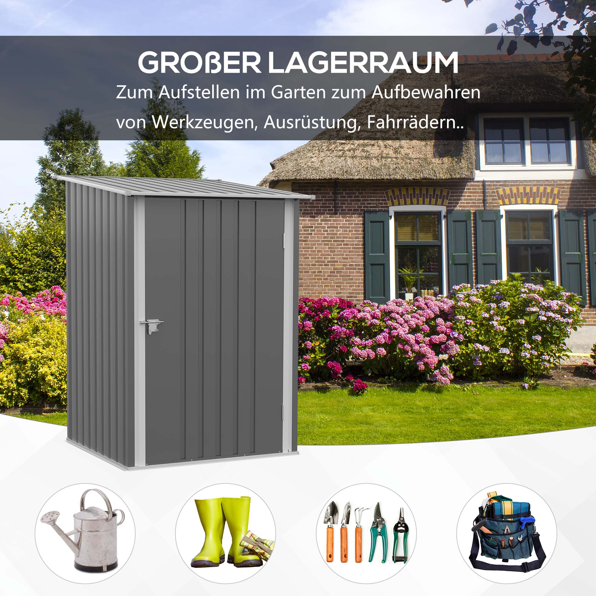 Metal Tool Shed 1.6m³ 100x103x160cm Garden Shed with Pent Roof Lockable Door Weatherproof Outdoor Storage Cabinet for Garden Yard, Gray