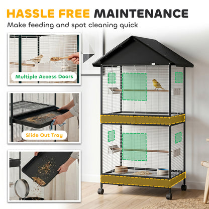 Large Bird Aviary with Removable Divider, 2 Doors, 4 Wooden Perches, Wheels, 2 Trays & 6 Feeders – XXL Cage for Budgies, Cockatiels, Canaries (94 x 70 x 158 cm / 37 x 27.6 x 62.2 in)