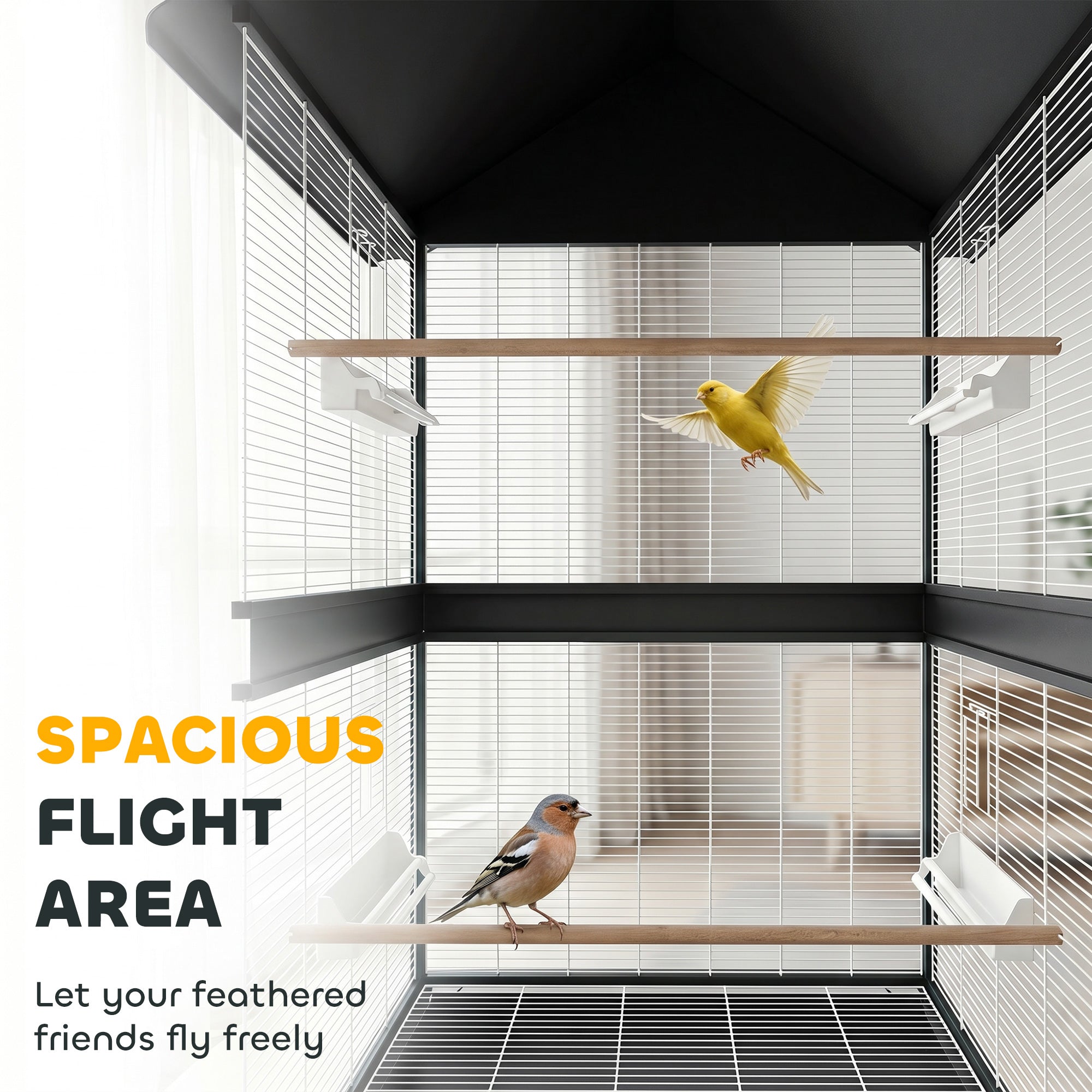 Large Bird Aviary with Removable Divider, 2 Doors, 4 Wooden Perches, Wheels, 2 Trays & 6 Feeders – XXL Cage for Budgies, Cockatiels, Canaries (94 x 70 x 158 cm / 37 x 27.6 x 62.2 in)
