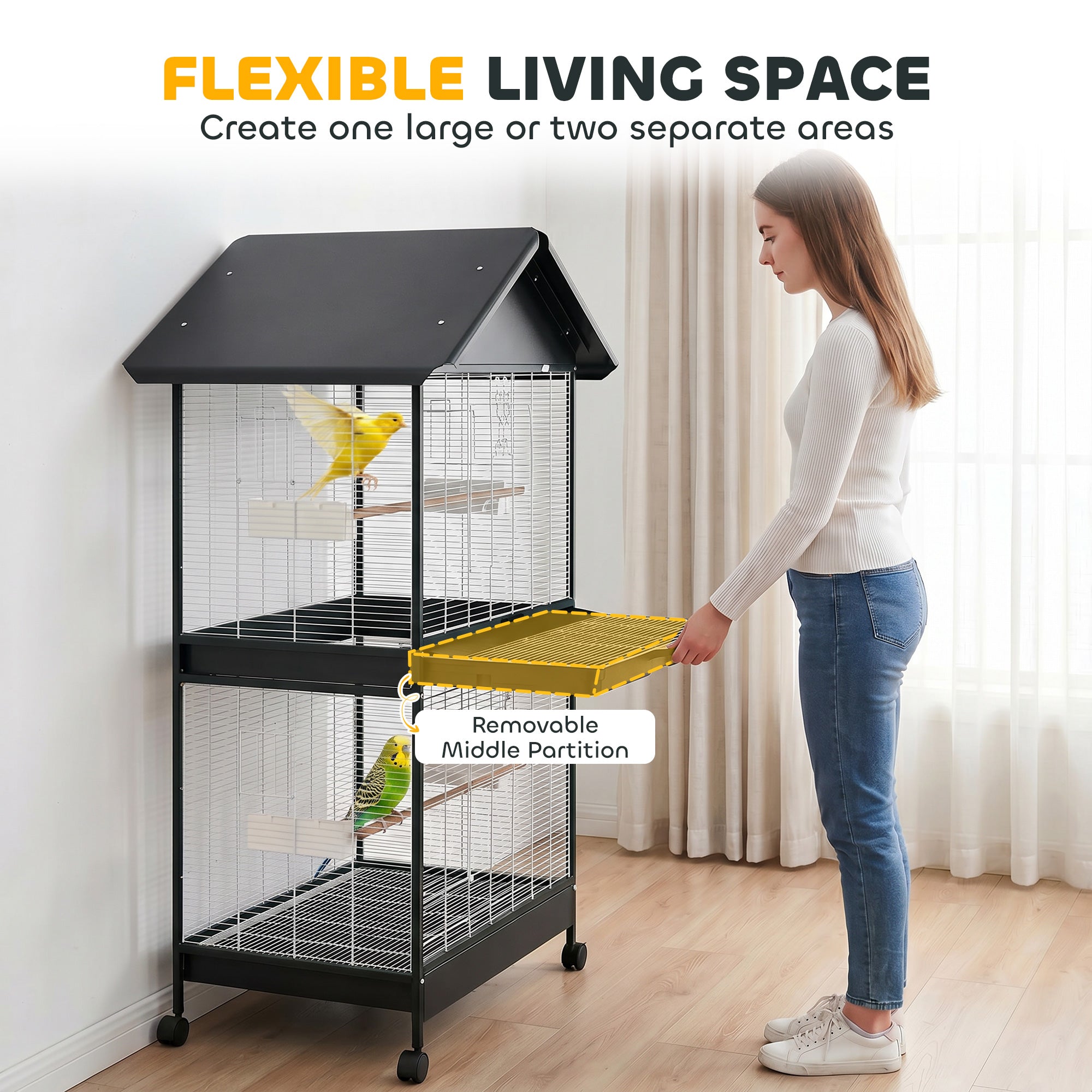 Large Bird Aviary with Removable Divider, 2 Doors, 4 Wooden Perches, Wheels, 2 Trays & 6 Feeders – XXL Cage for Budgies, Cockatiels, Canaries (94 x 70 x 158 cm / 37 x 27.6 x 62.2 in)