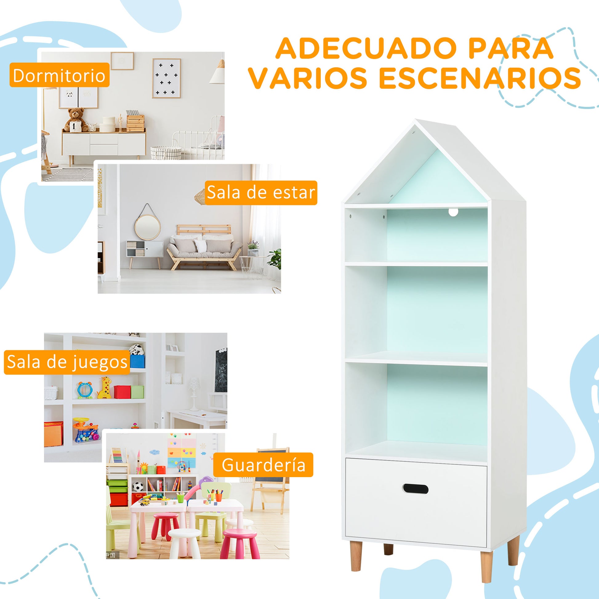 Children's Bookshelf Wooden Bookcase for Kids for Books Toys DVDs with 4 Shelves 1 Drawer 2-Color Board Compact Design 50x30x142 cm White