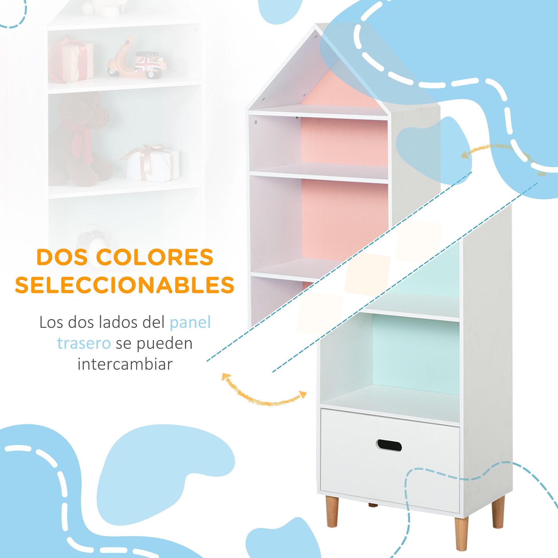 Children's Bookshelf Wooden Bookcase for Kids for Books Toys DVDs with 4 Shelves 1 Drawer 2-Color Board Compact Design 50x30x142 cm White