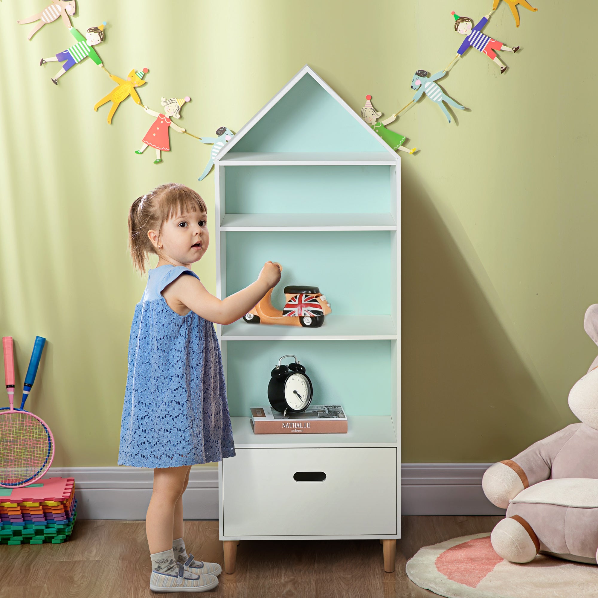 Children's Bookshelf Wooden Bookcase for Kids for Books Toys DVDs with 4 Shelves 1 Drawer 2-Color Board Compact Design 50x30x142 cm White