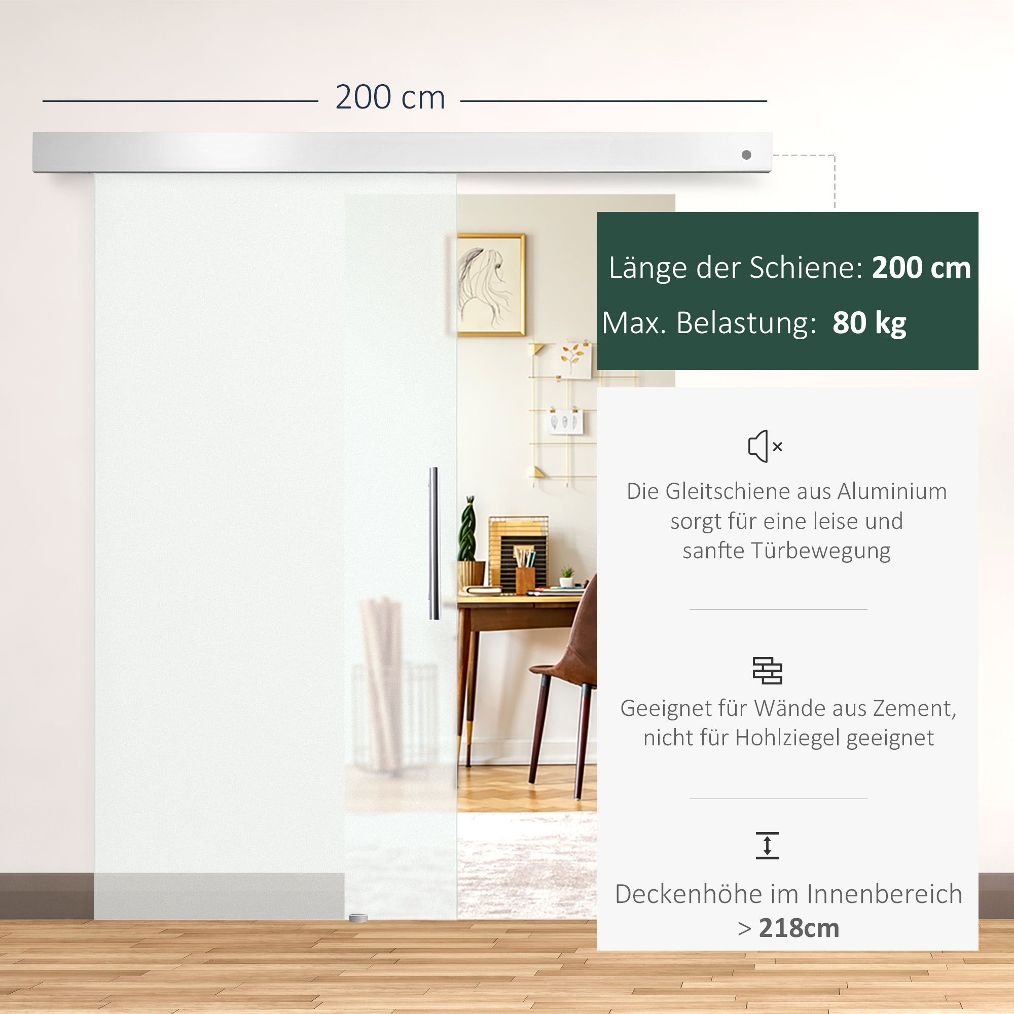 Glass Sliding Door with Handle Bar, One-Sided Satinized, 102.5 x 205 cm